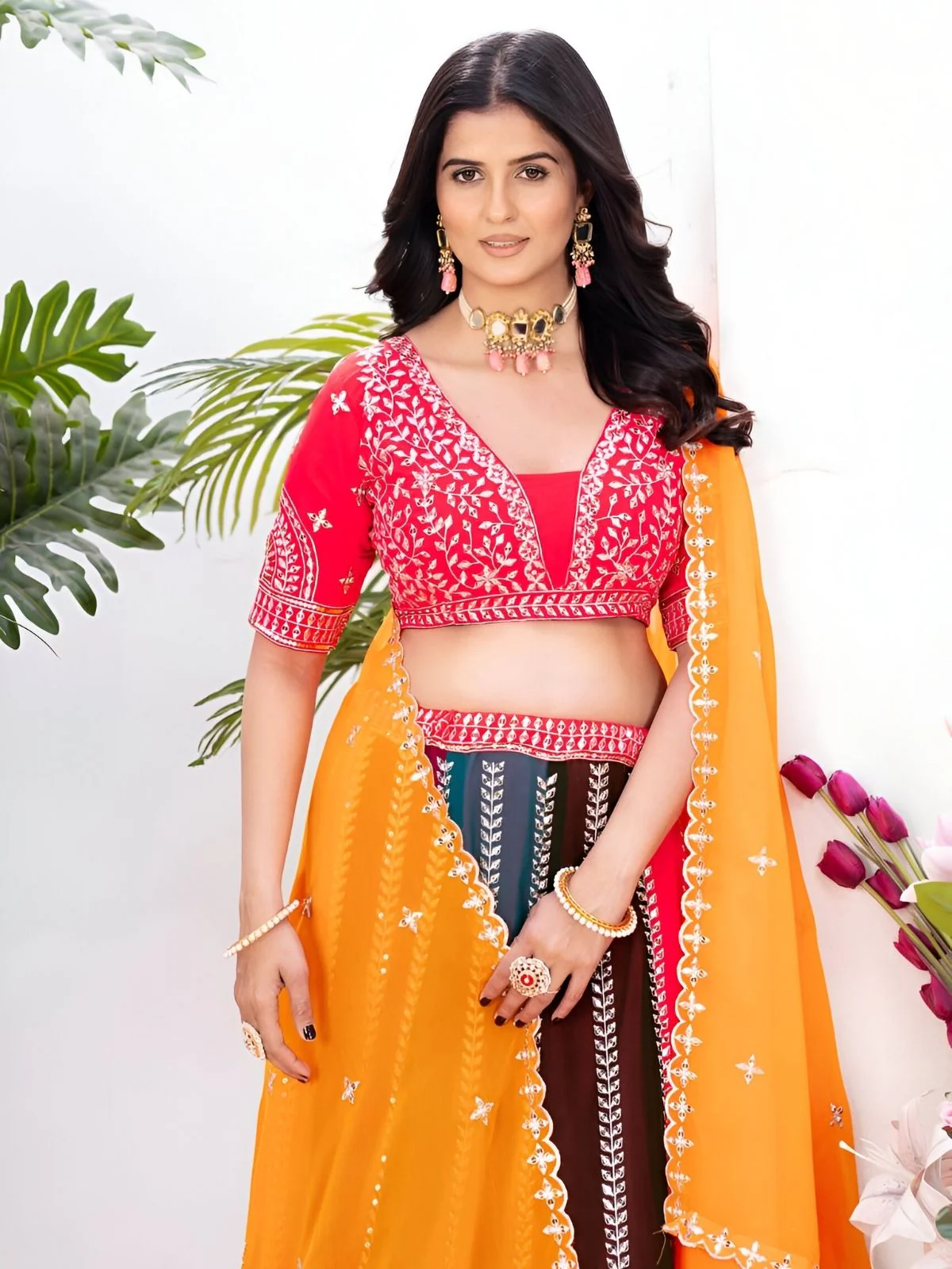 Odette Multicolor Georgette Embroidered Semi-Stitched lehenga For Women - Image 3