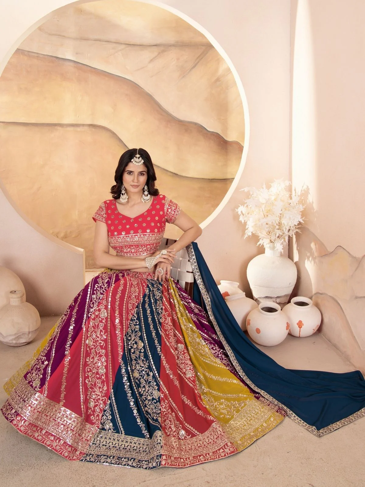 Odette Multicolor Georgette Embroidered Semi-Stitched lehenga For Women - Image 3