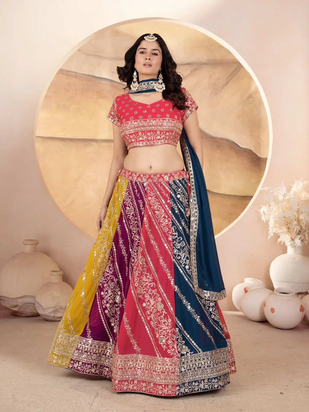 Odette Multicolor Georgette Embroidered Semi-Stitched lehenga For Women - Image 4
