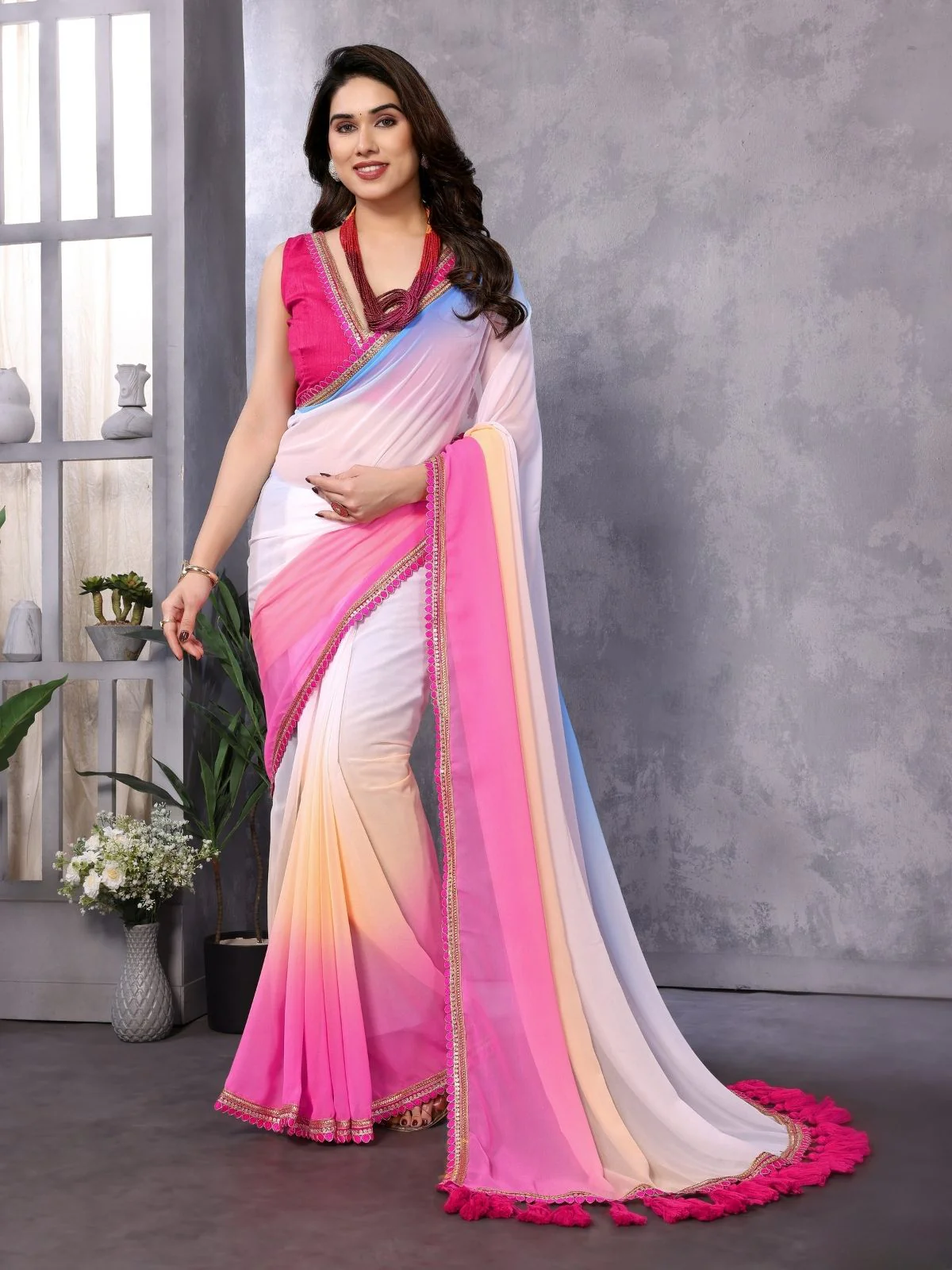Odette Multicolor Georgette Lace Work Saree With Unstitched Blouse For Women