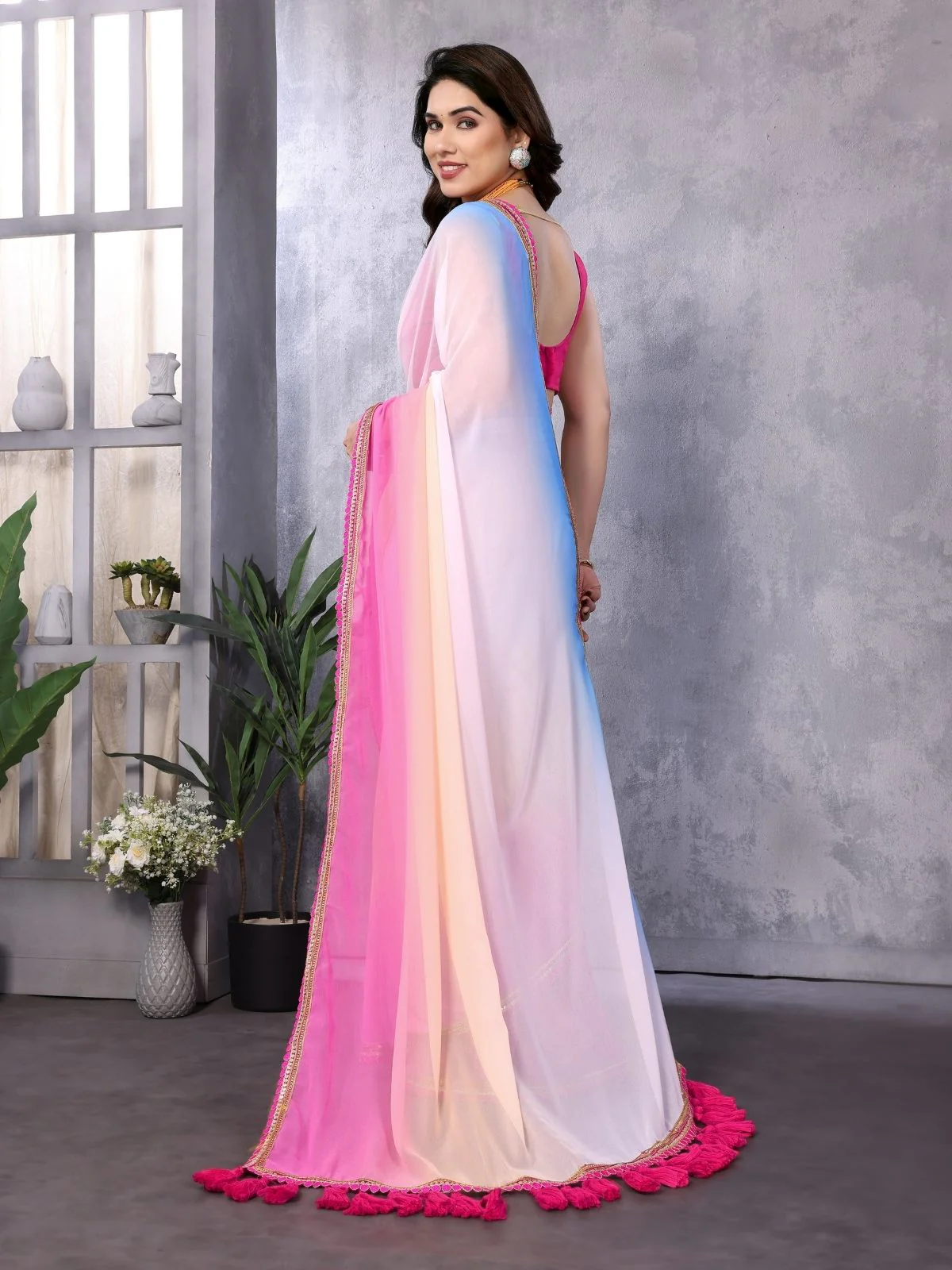 Odette Multicolor Georgette Lace Work Saree With Unstitched Blouse For Women - Image 4