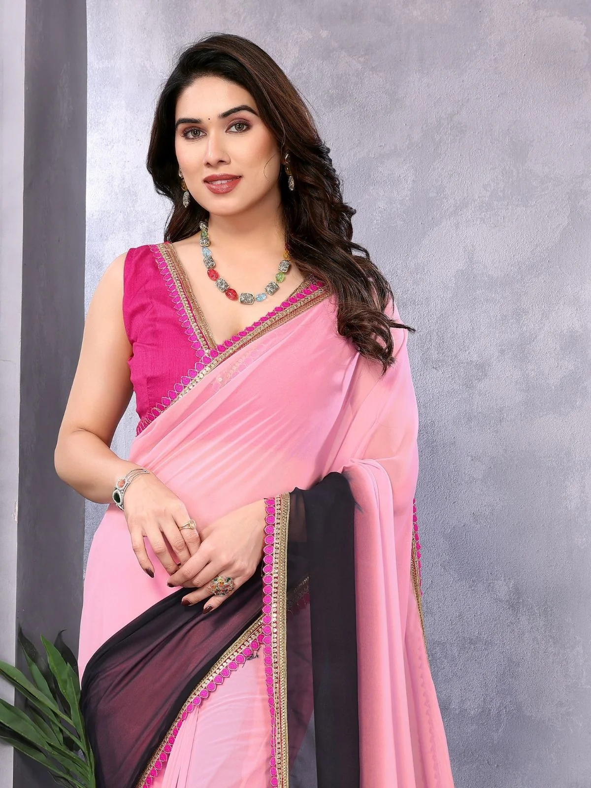 Odette Multicolor Georgette Plain Saree For Women - Image 4