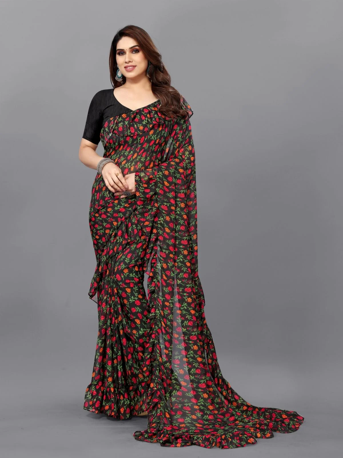 Odette Multicolor Georgette Printed And Ruffle Saree For Women