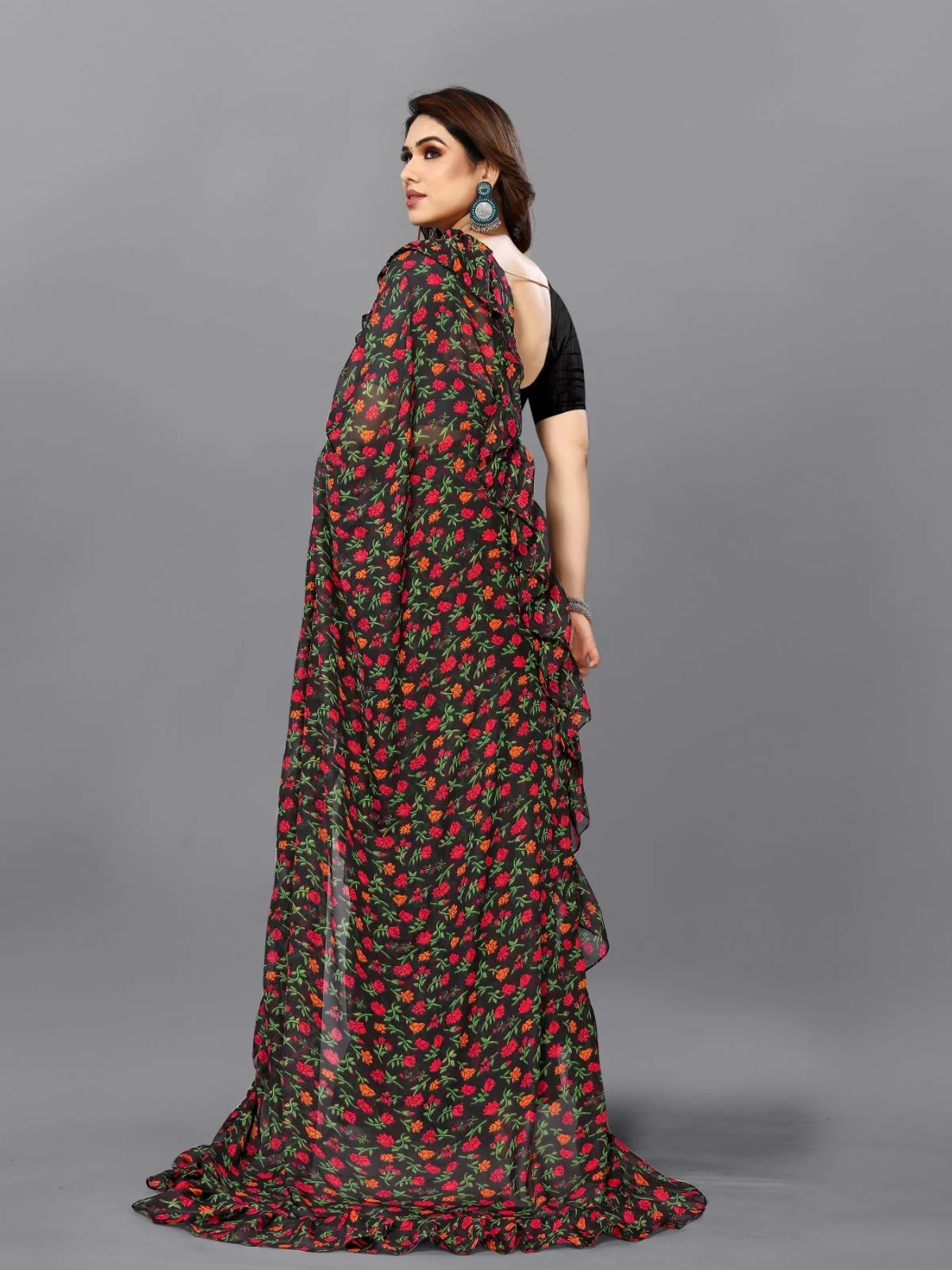 Odette Multicolor Georgette Printed And Ruffle Saree For Women - Image 3