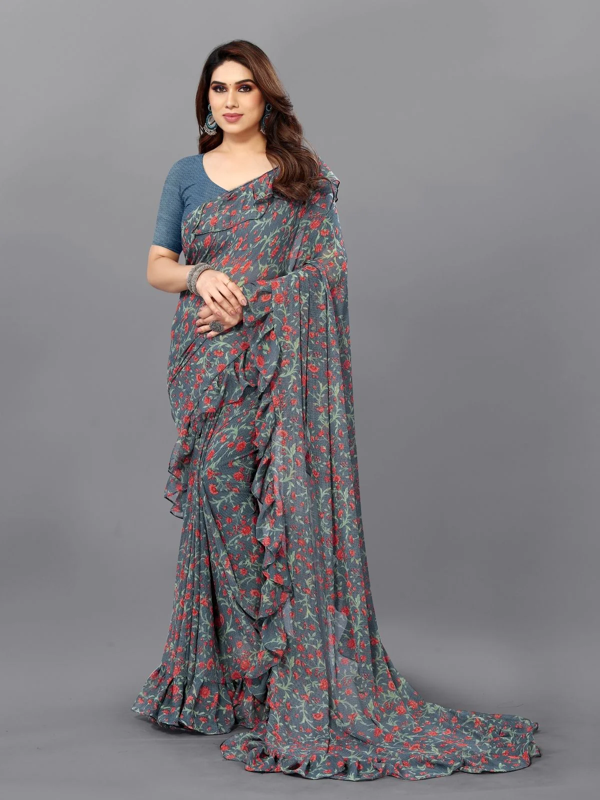Odette Multicolor Georgette Printed And Ruffle Saree For Women