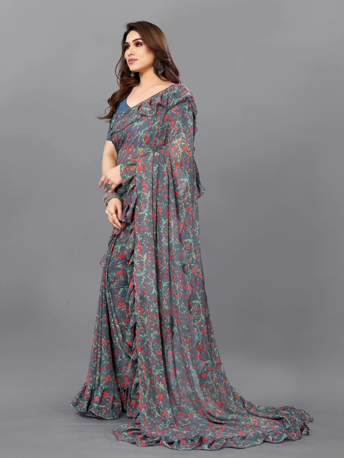 Odette Multicolor Georgette Printed And Ruffle Saree For Women - Image 2