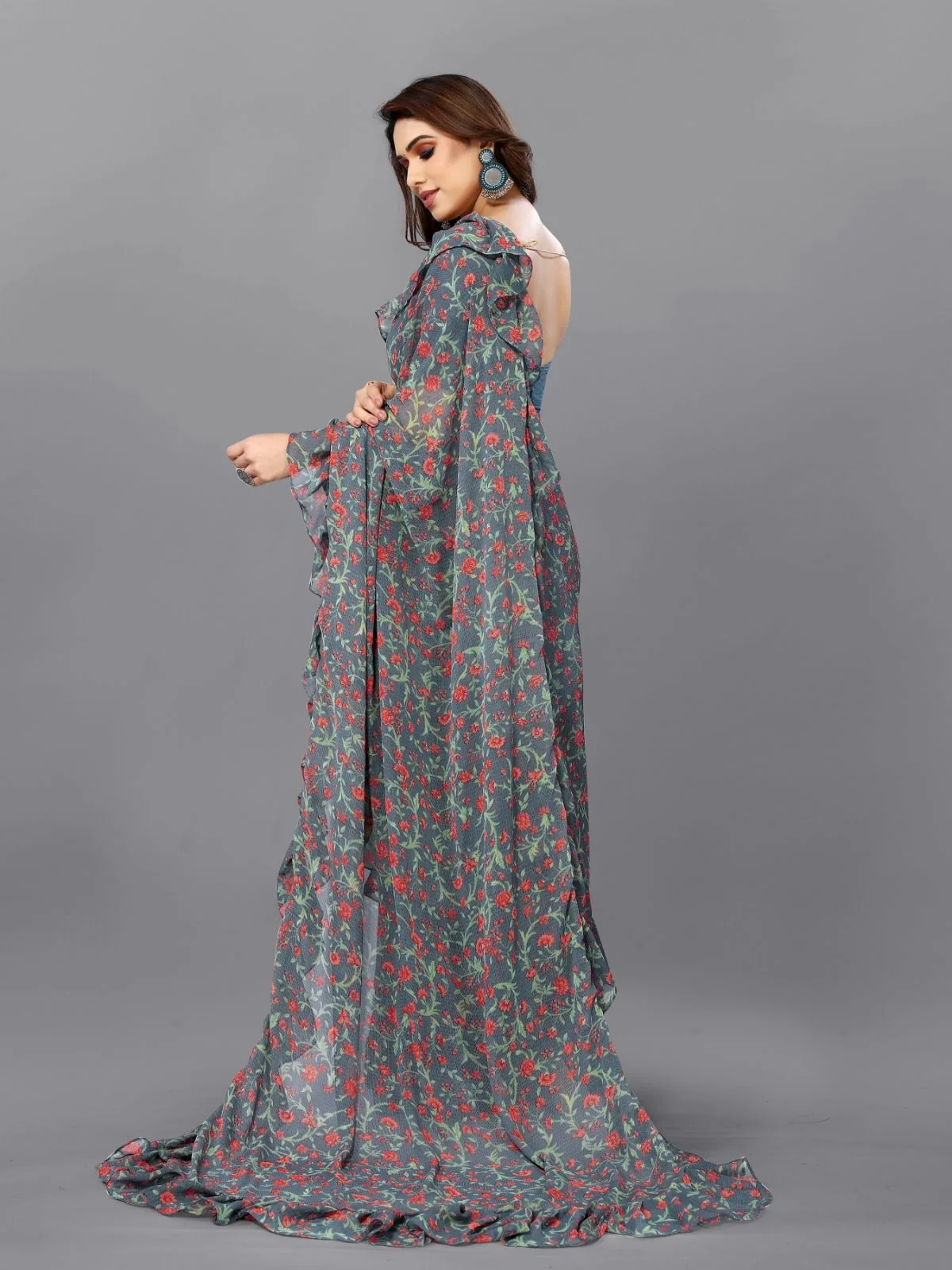 Odette Multicolor Georgette Printed And Ruffle Saree For Women - Image 3