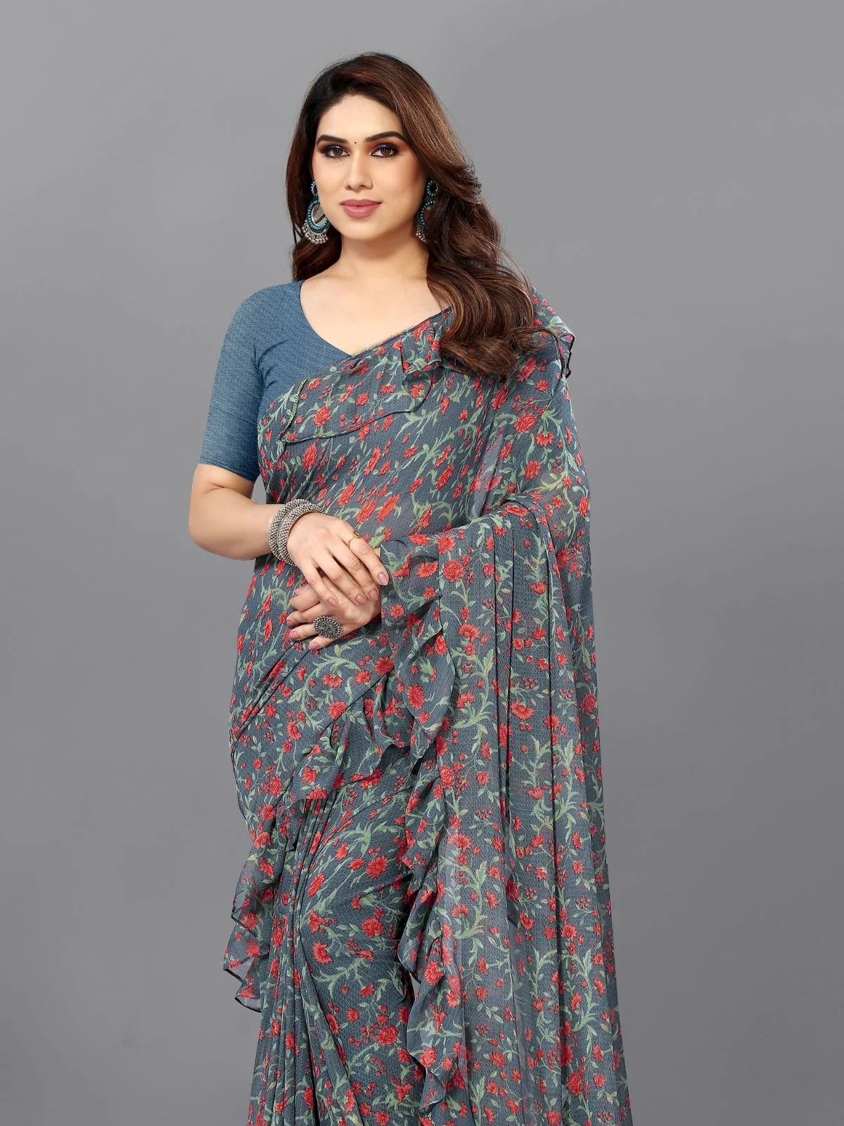 Odette Multicolor Georgette Printed And Ruffle Saree For Women - Image 4