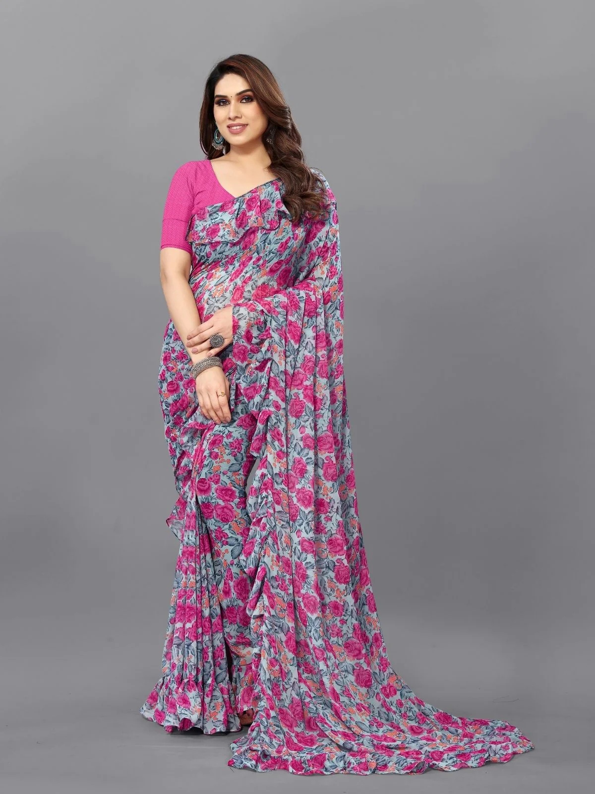 Odette Multicolor Georgette Printed And Ruffle Saree For Women