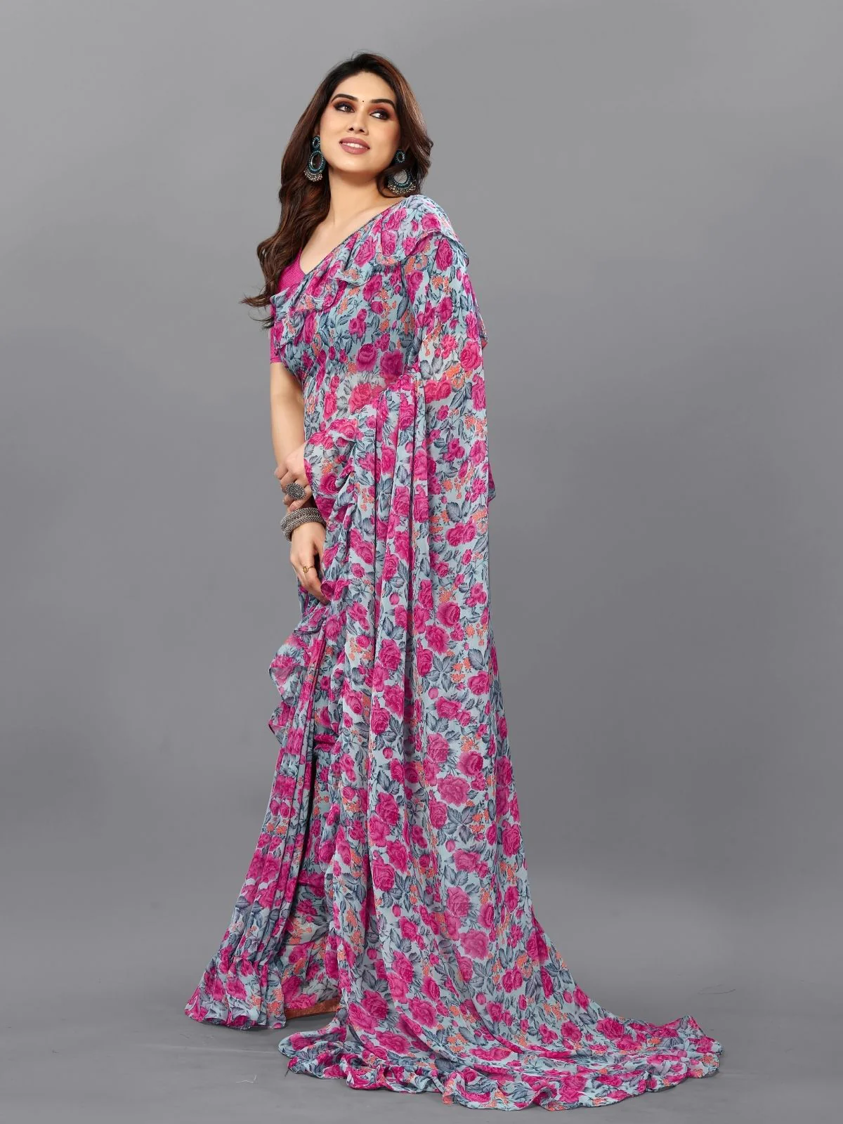 Odette Multicolor Georgette Printed And Ruffle Saree For Women - Image 2