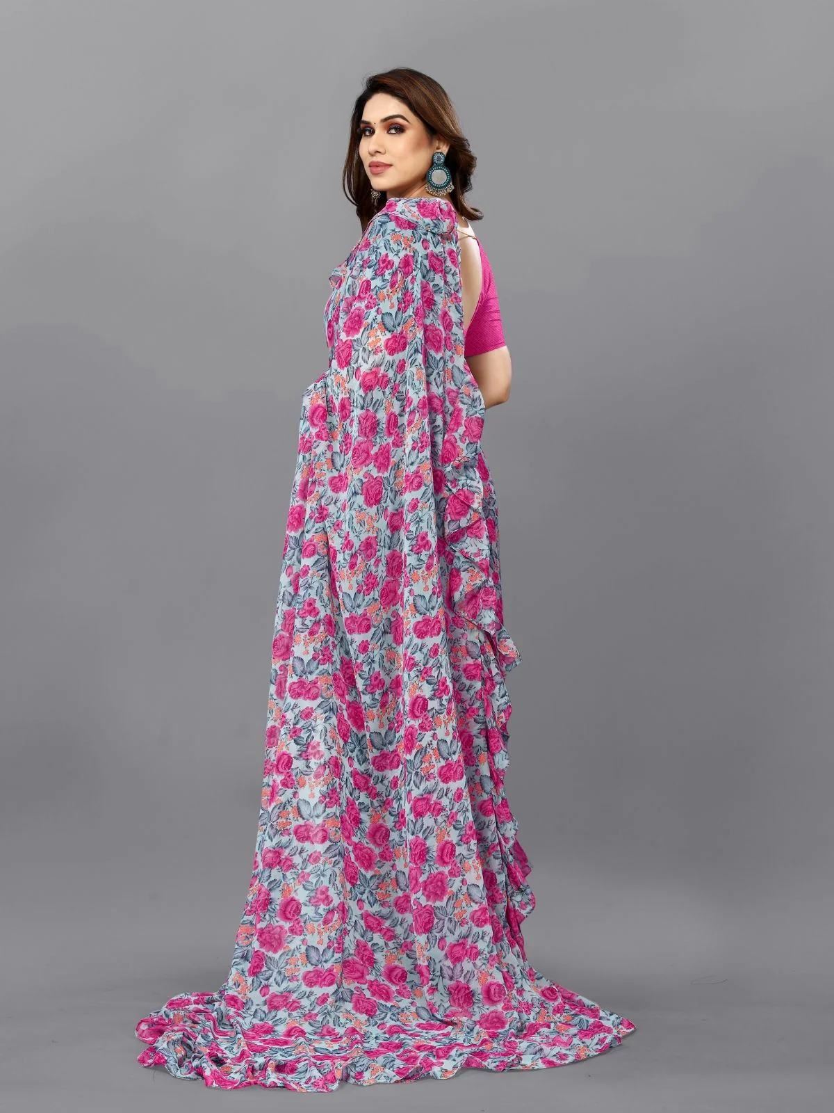 Odette Multicolor Georgette Printed And Ruffle Saree For Women - Image 3