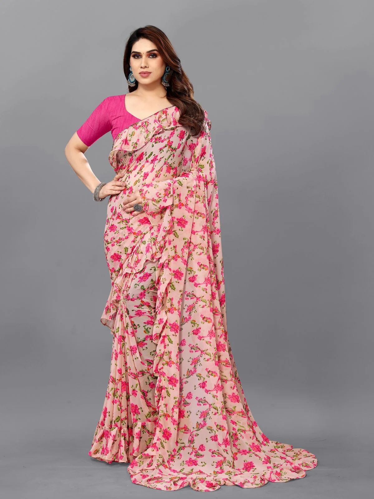 Odette Multicolor Georgette Printed And Ruffle Saree For Women