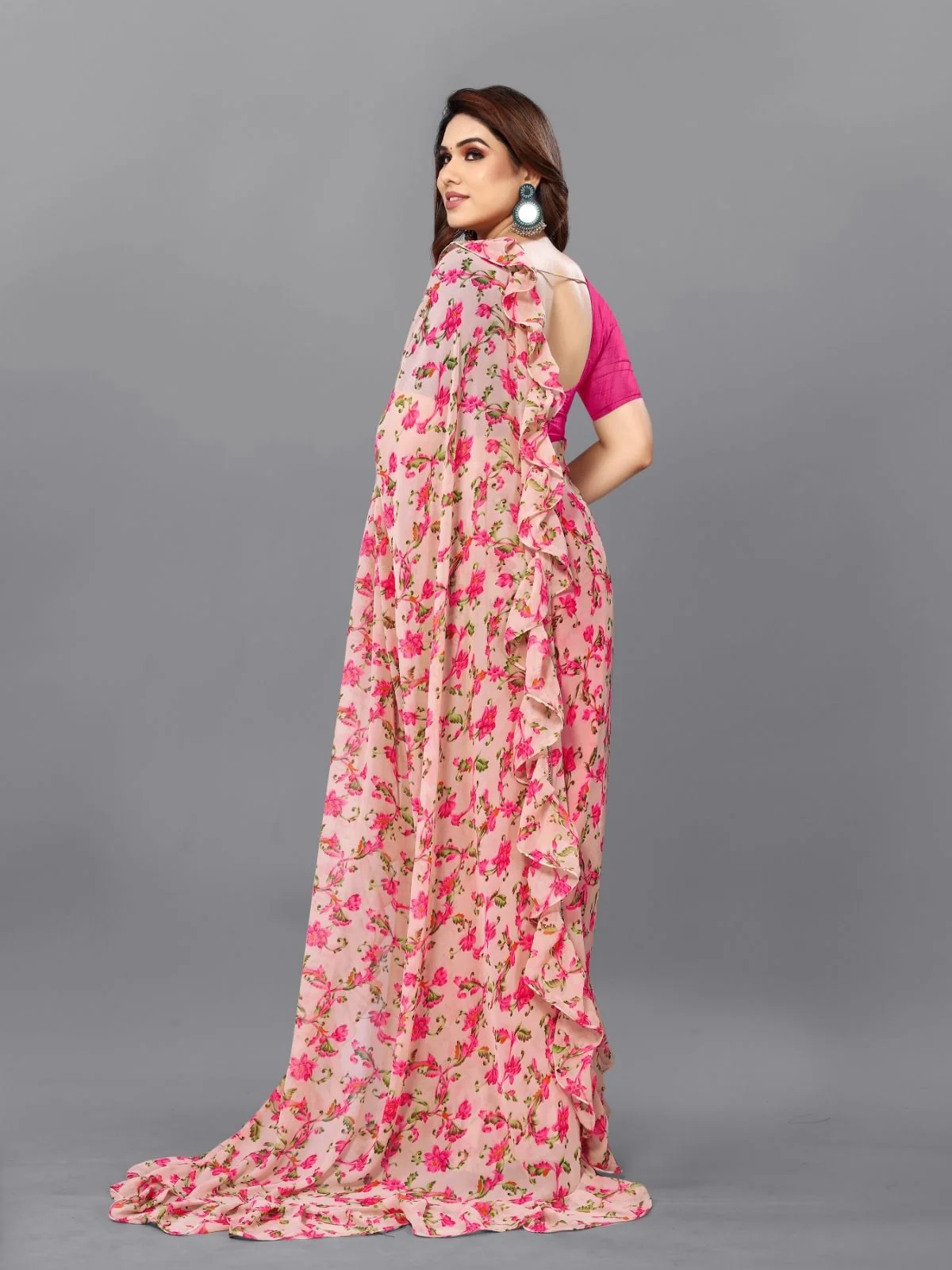 Odette Multicolor Georgette Printed And Ruffle Saree For Women - Image 3