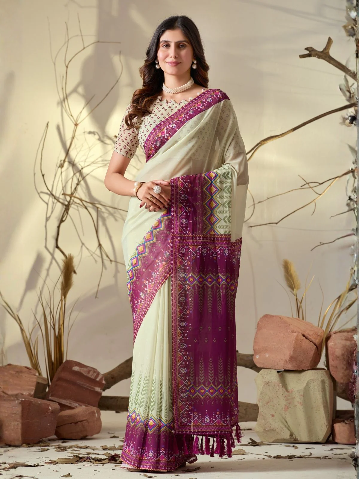 Odette Beige Georgette Printed Saree For Women