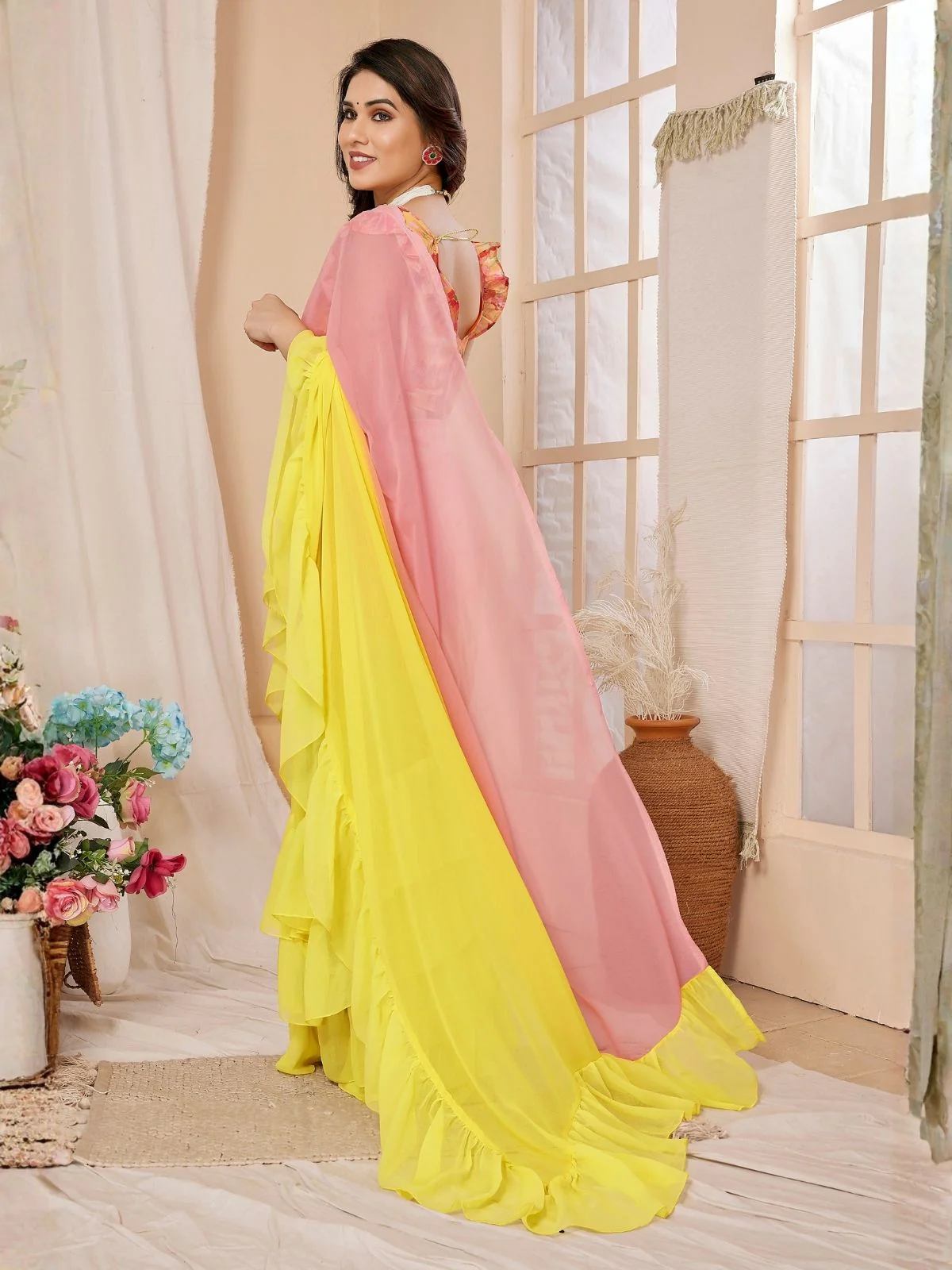 Odette Multicolor Georgette Ruffle Saree For Women - Image 3
