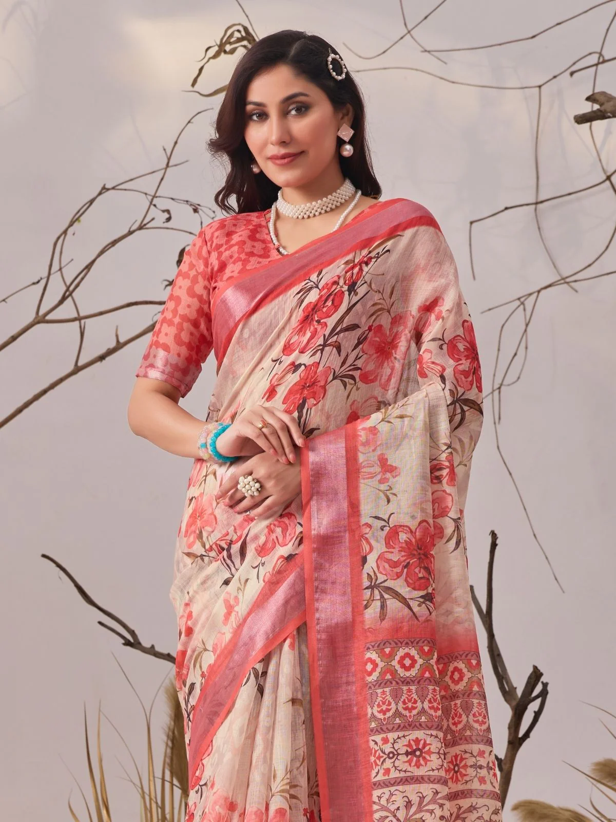 Odette Multicolor Linen Cotton Printed Saree For Women - Image 4
