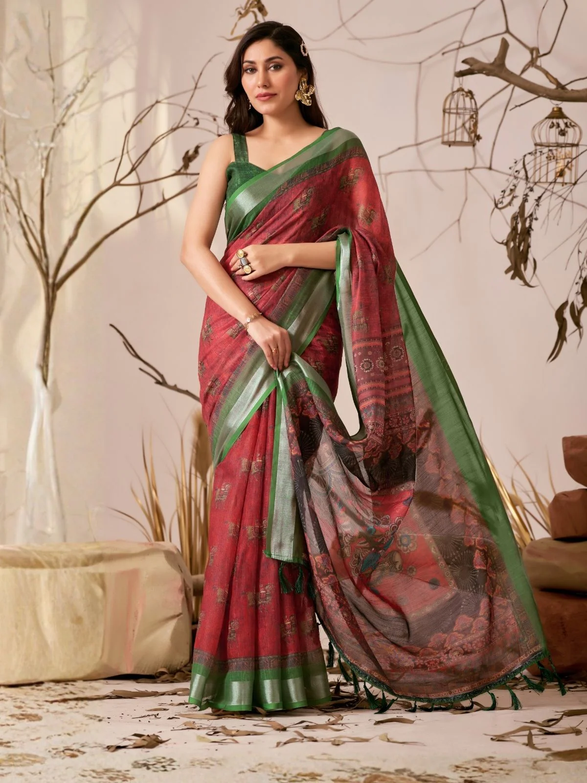 Odette Multicolor Linen Cotton Printed Saree For Women