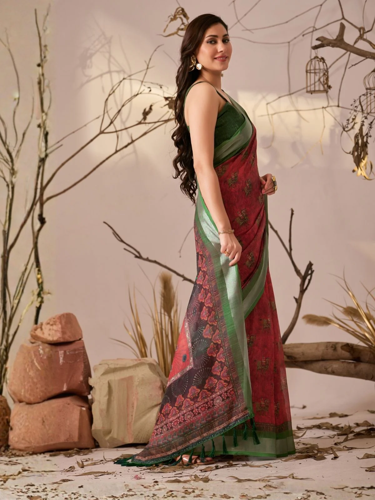 Odette Multicolor Linen Cotton Printed Saree For Women - Image 2