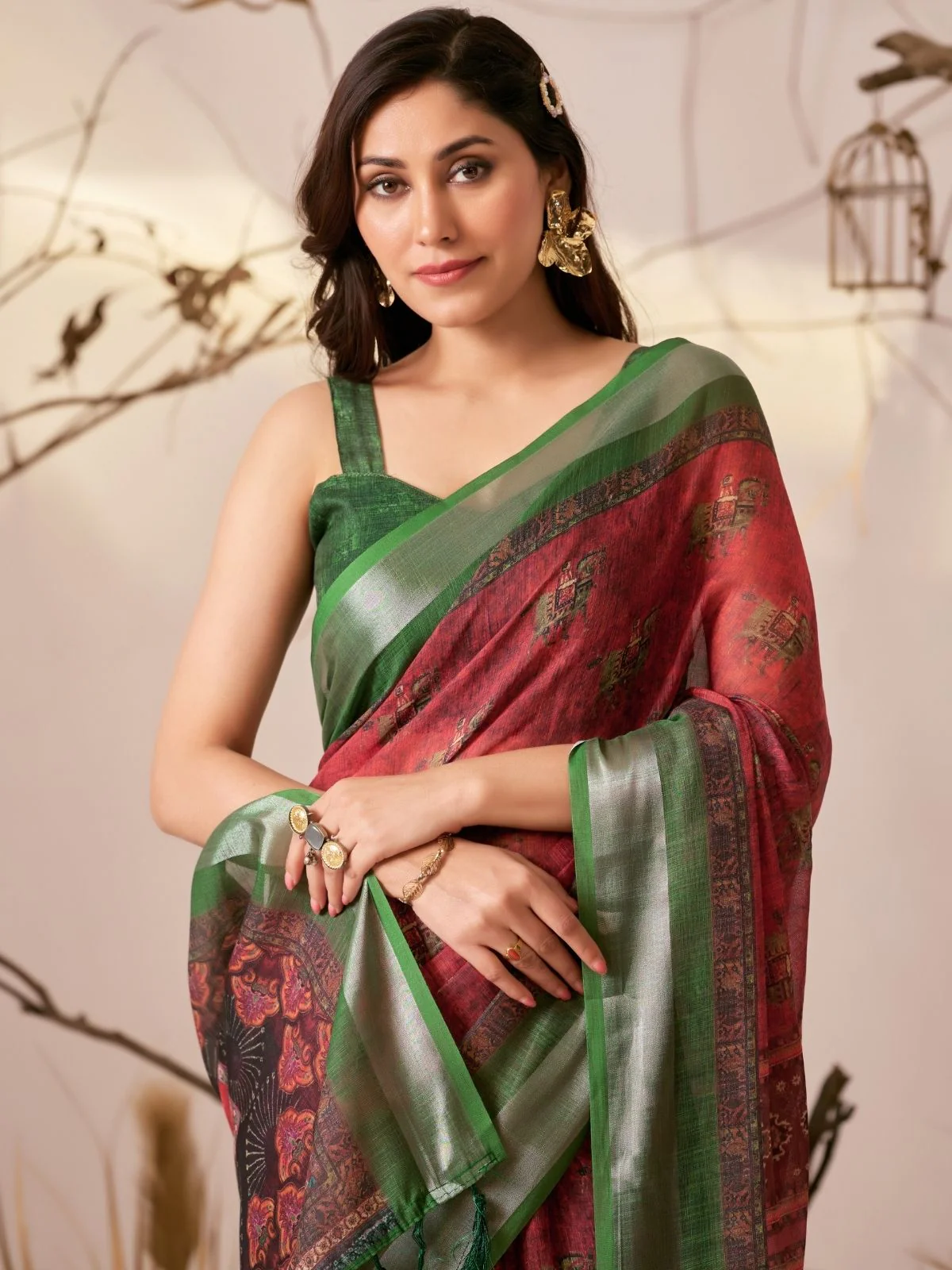 Odette Multicolor Linen Cotton Printed Saree For Women - Image 4