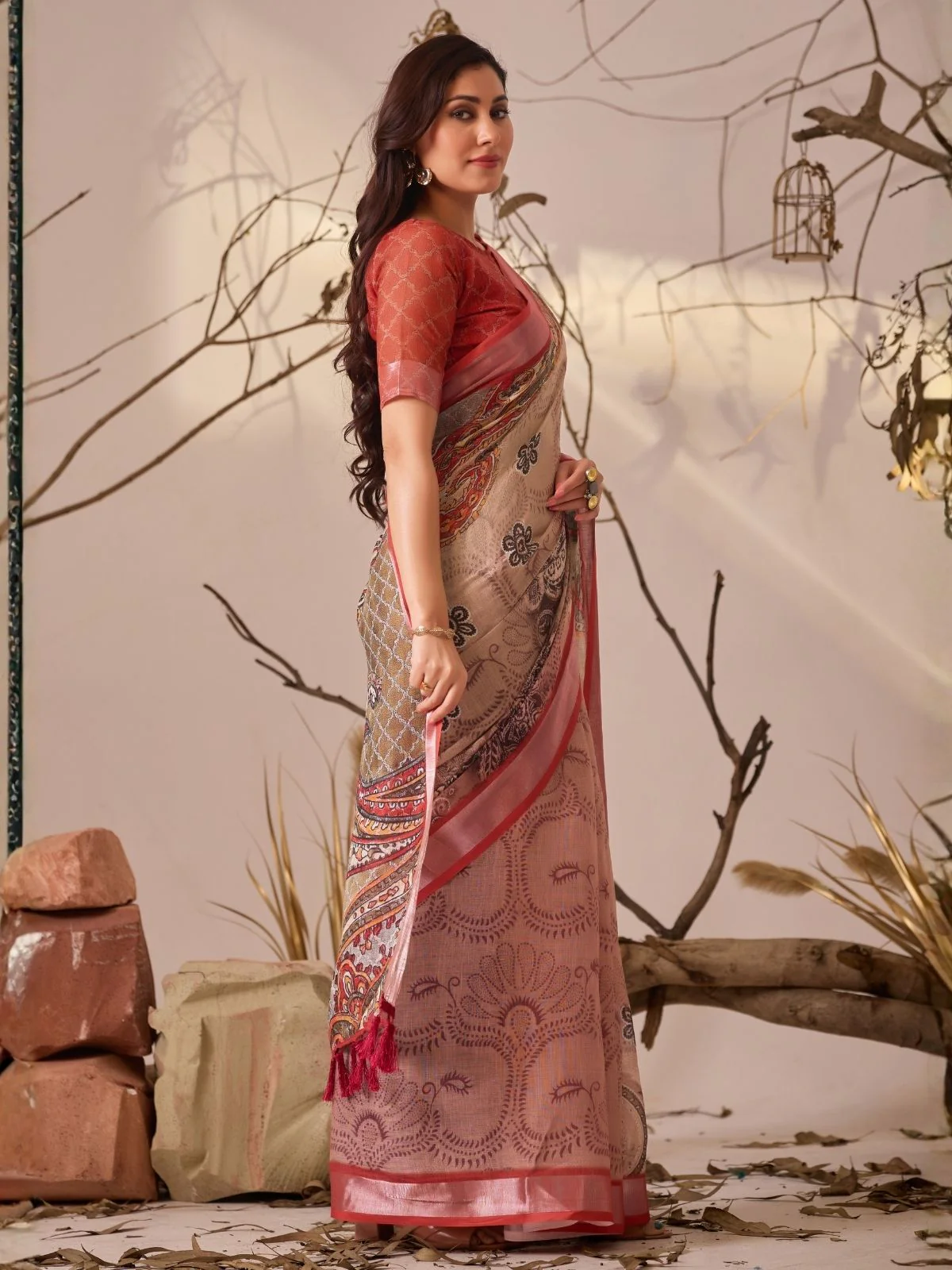 Odette Multicolor  Linen Cotton Printed Saree For Women - Image 2