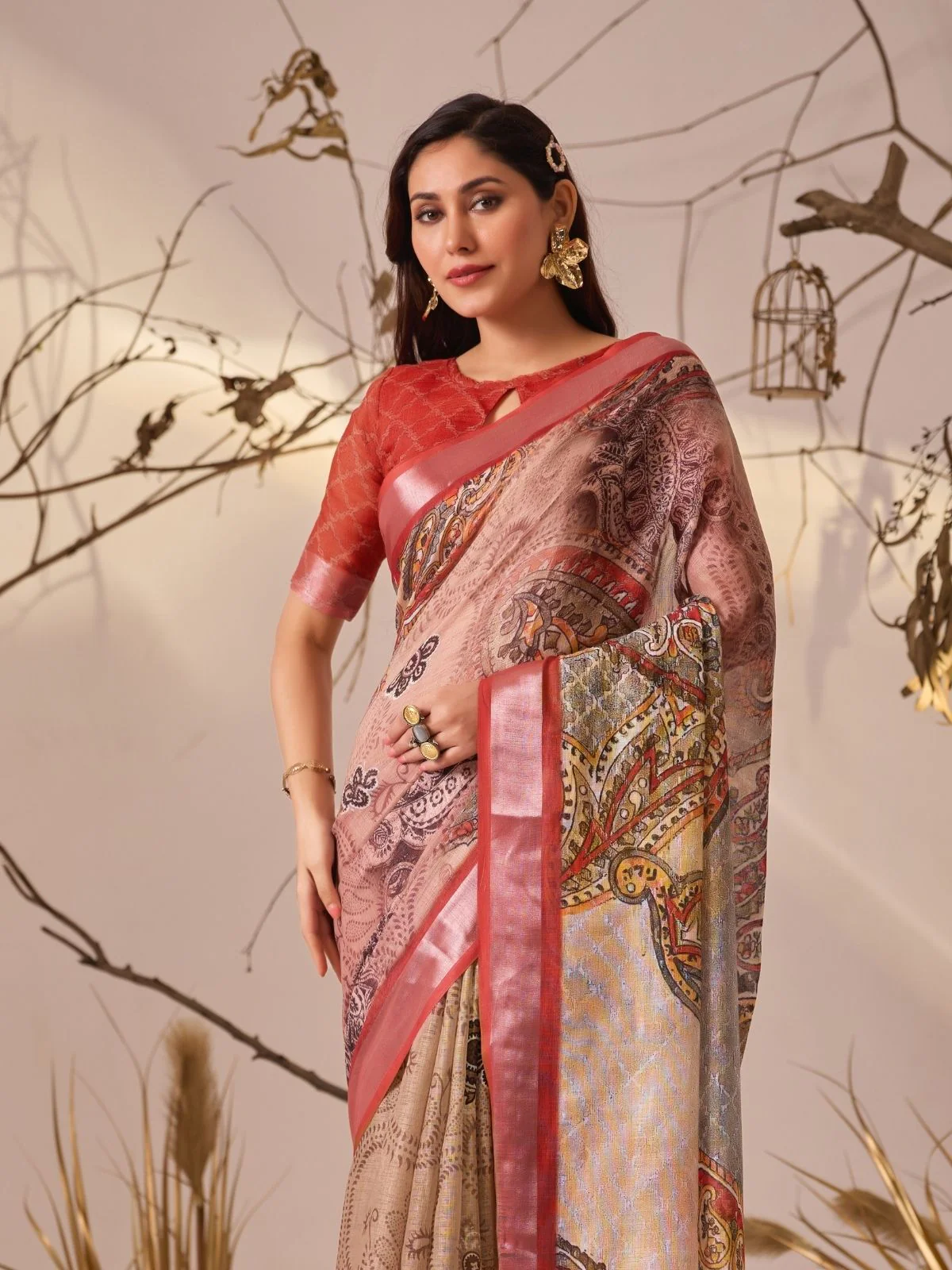 Odette Multicolor  Linen Cotton Printed Saree For Women - Image 4