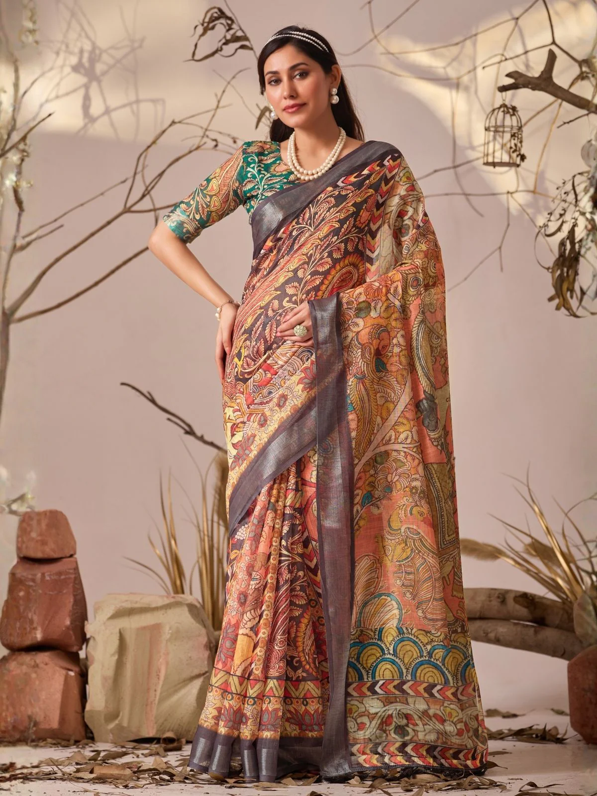 Odette Multicolor Linen Cotton Printed Saree For Women