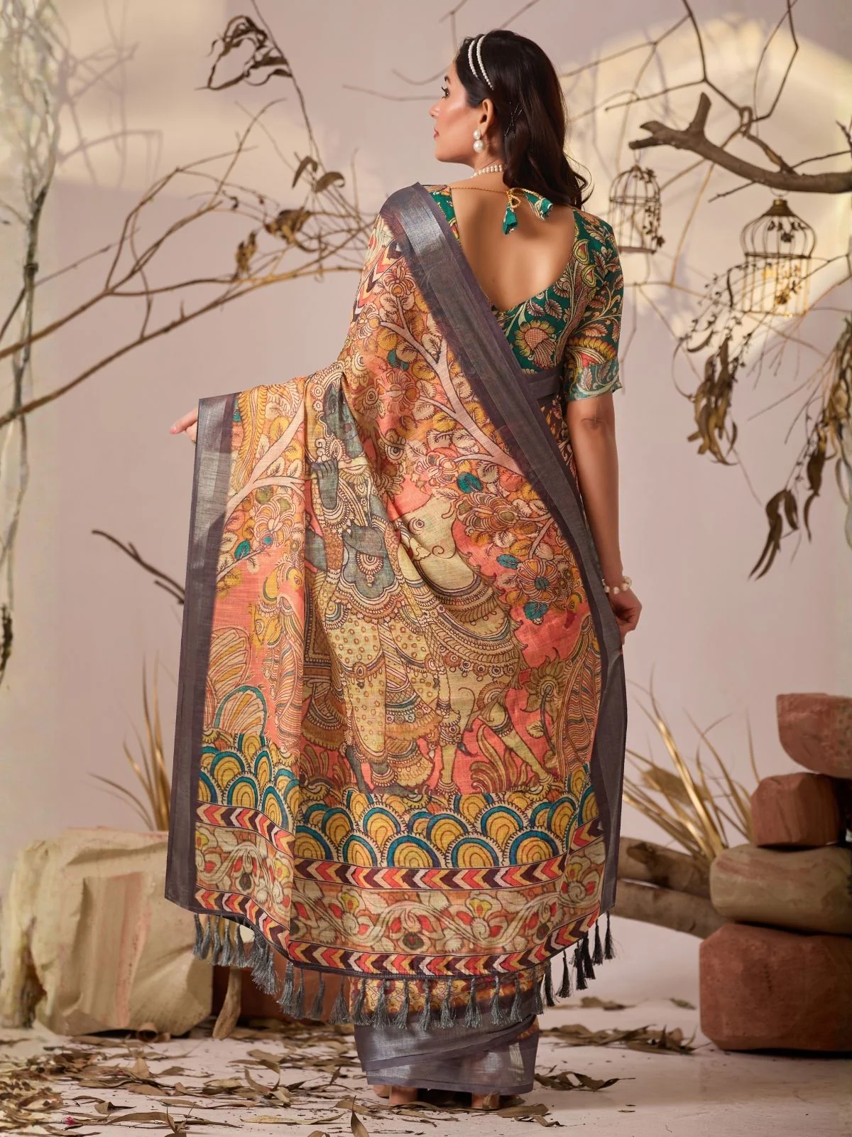Odette Multicolor Linen Cotton Printed Saree For Women - Image 3