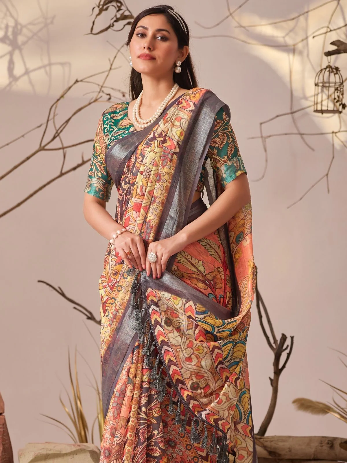 Odette Multicolor Linen Cotton Printed Saree For Women - Image 4