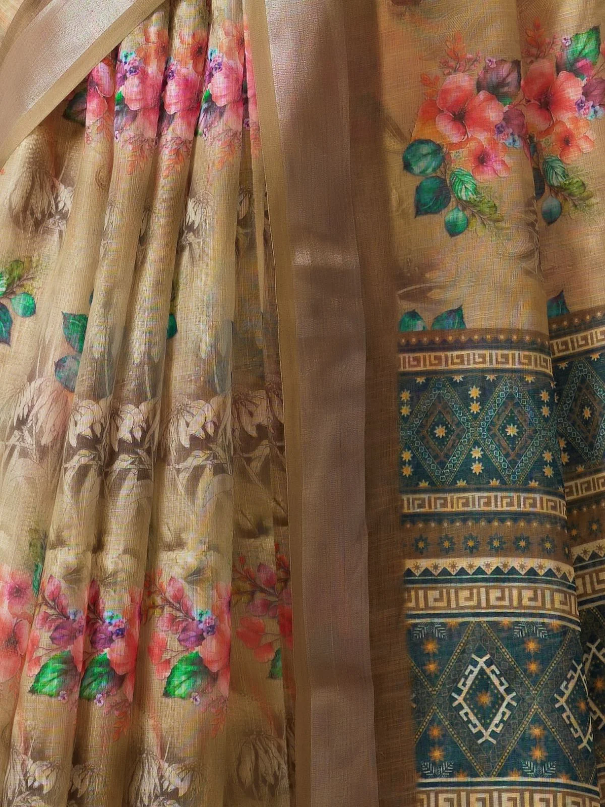 Odette Multicolor Linen Cotton Printed Saree For Women - Image 5