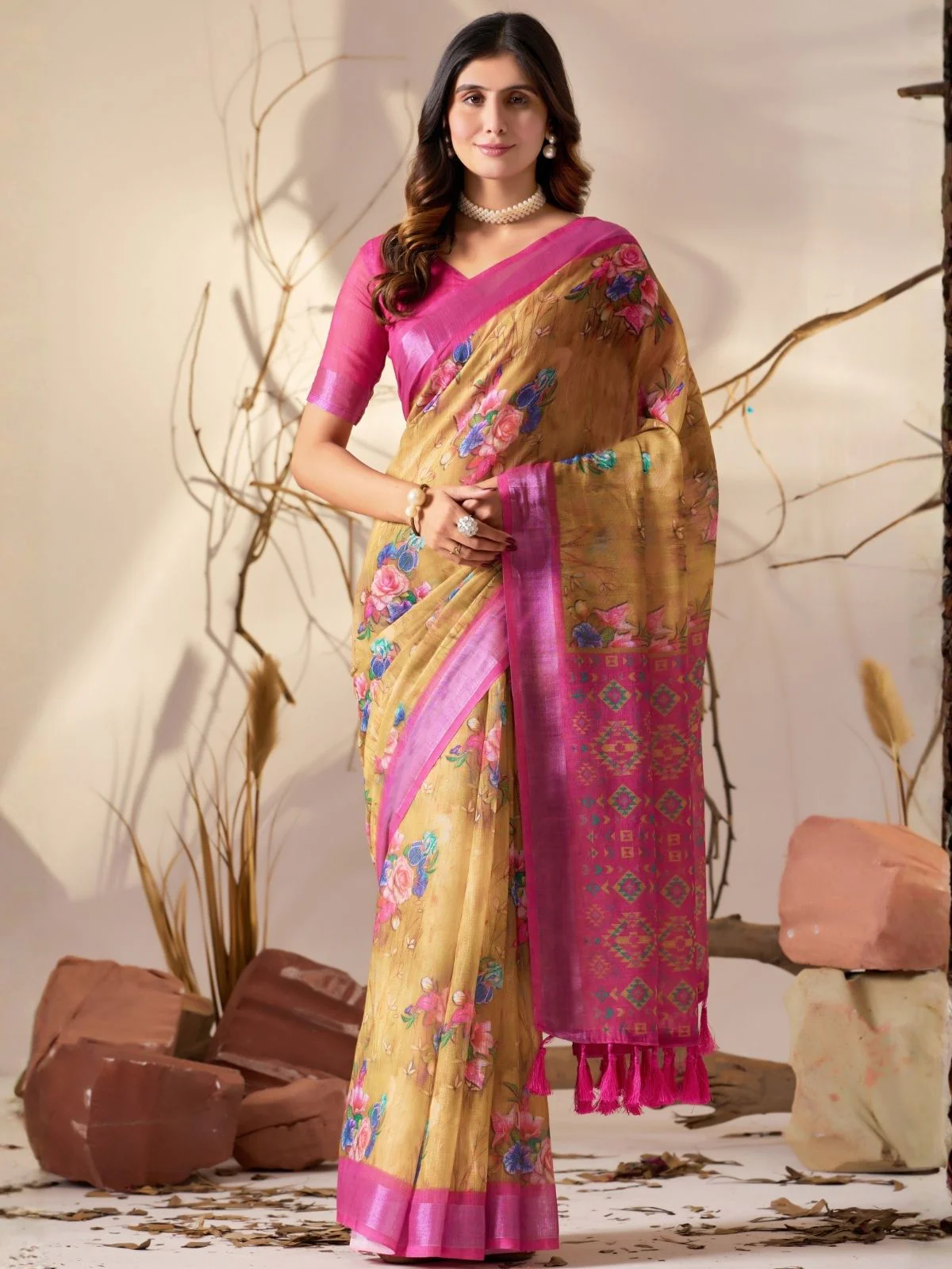 Odette Multicolor Linen Cotton Printed Saree For Women