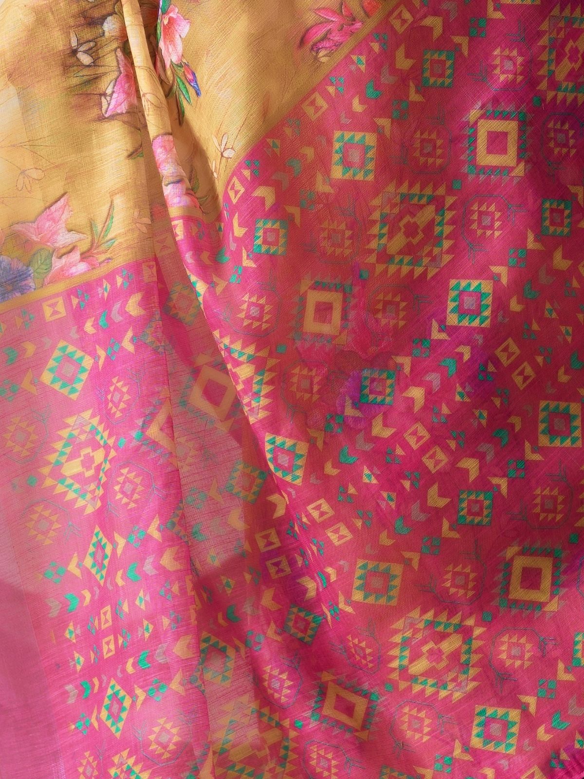 Odette Multicolor Linen Cotton Printed Saree For Women - Image 5