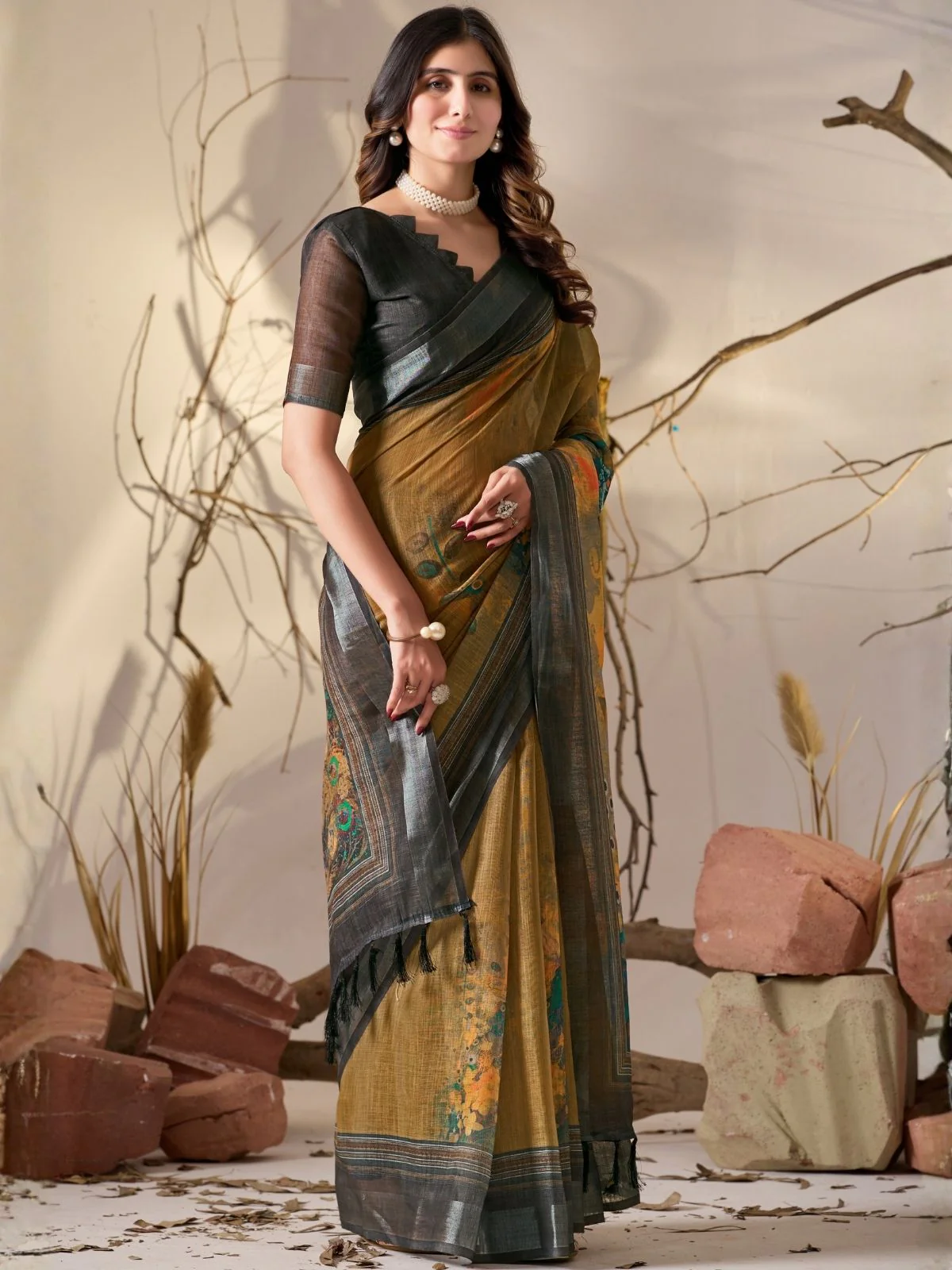 Odette Multicolor Linen Cotton Printed Saree For Women - Image 2