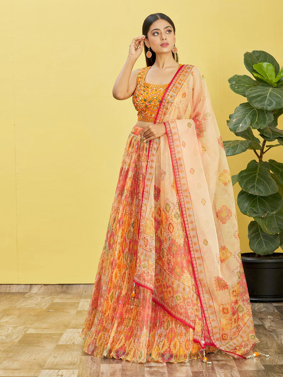 Odette Multicolor Organza Embellished Semi Stitched Lehenga With Unstitched Blouse For Women - Image 4