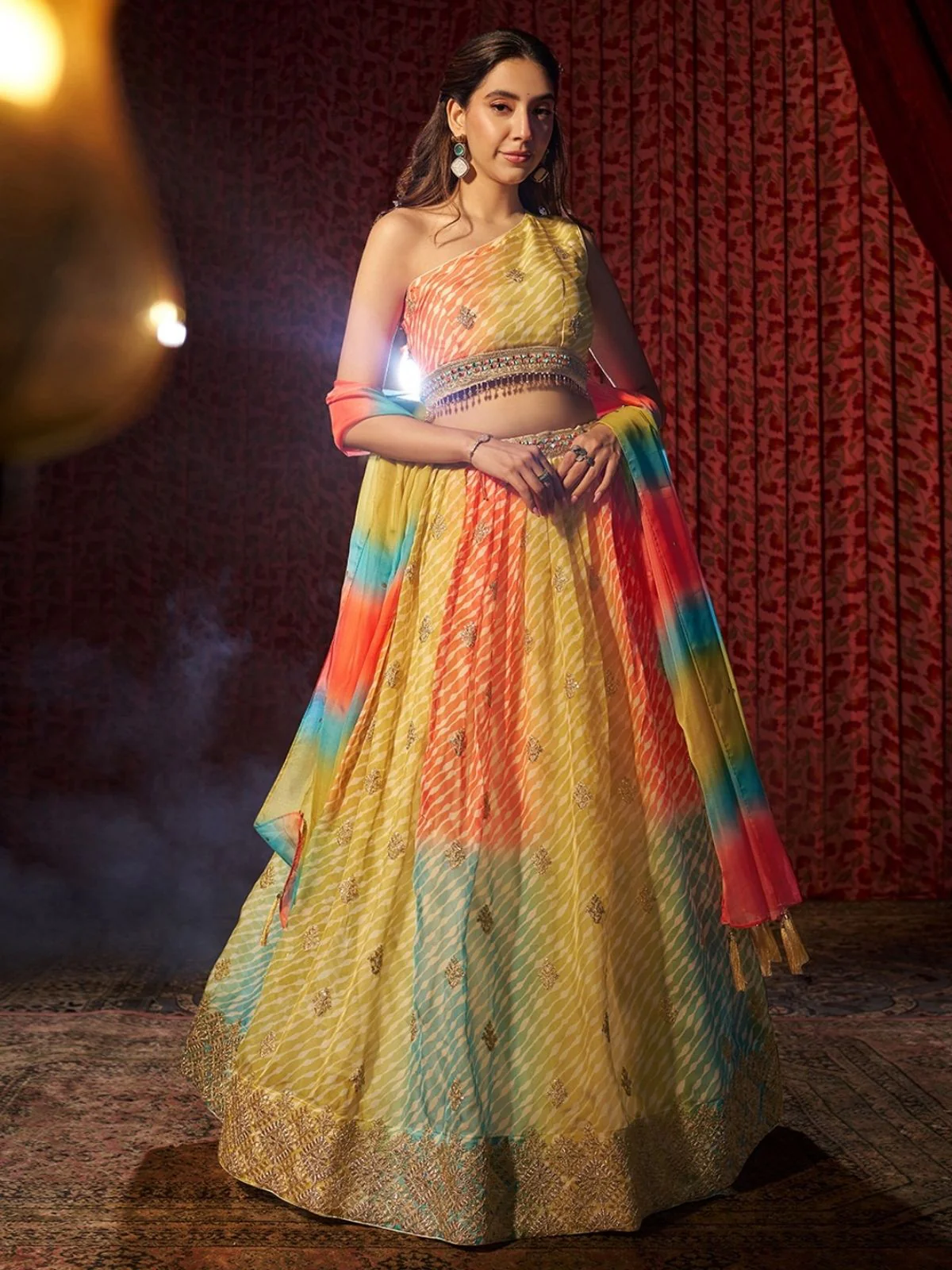Odette Multicolor Organza Embroidered Semi-Stitched Lehenga For Women