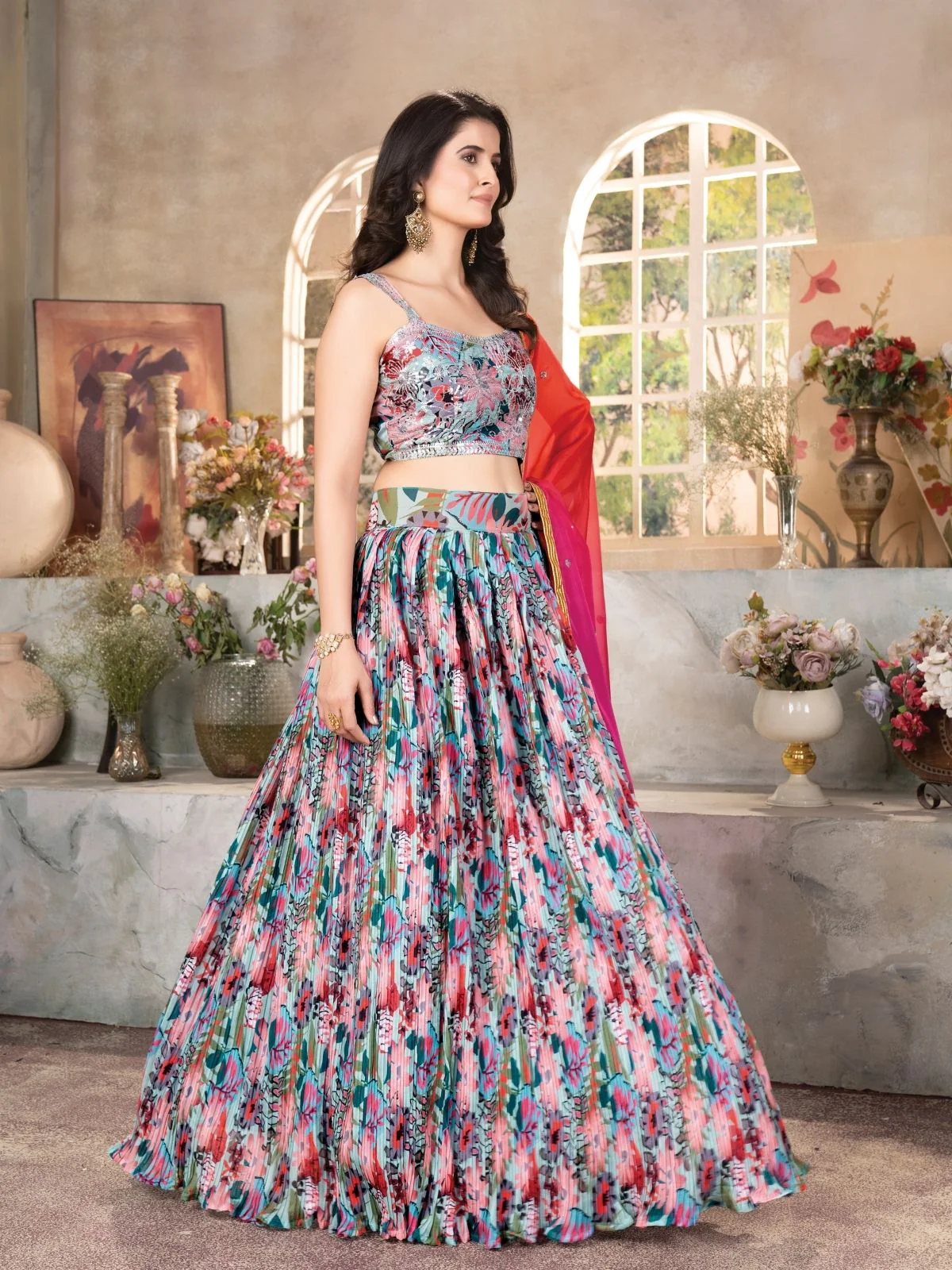 Odette Multicolor Organza Printed Semi-Stitched lehenga For Women - Image 2