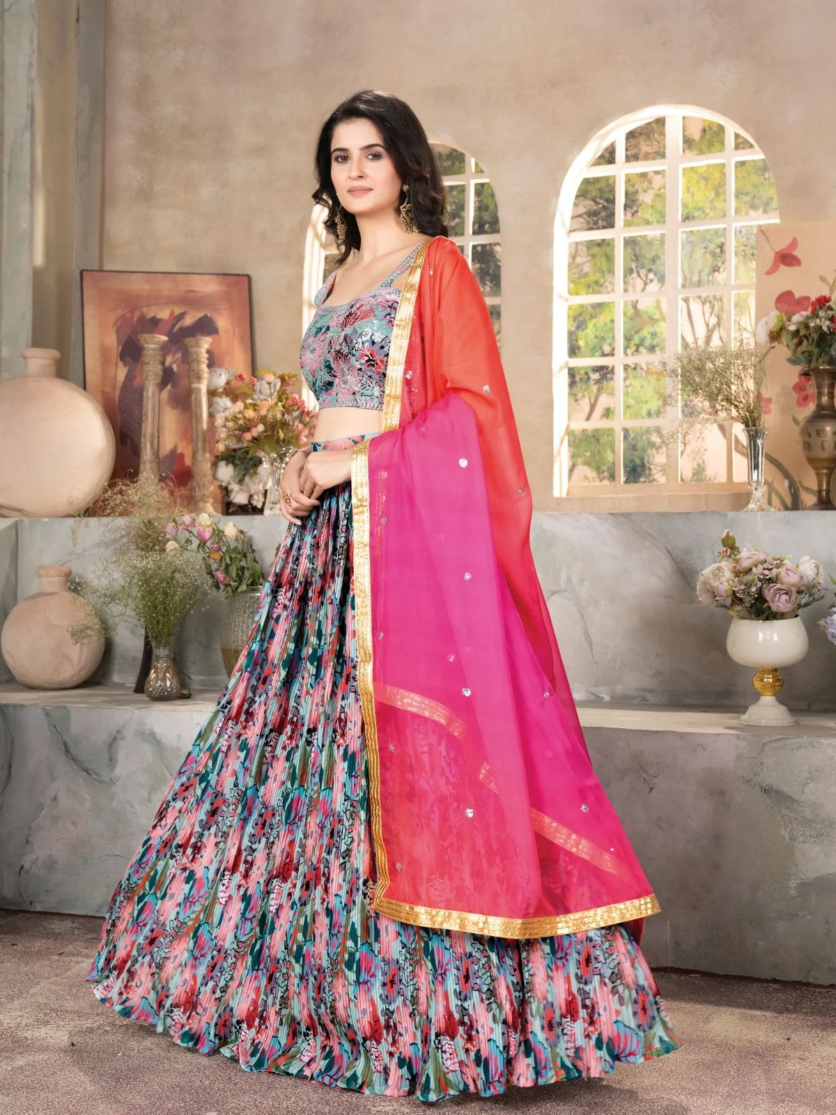 Odette Multicolor Organza Printed Semi-Stitched lehenga For Women - Image 3