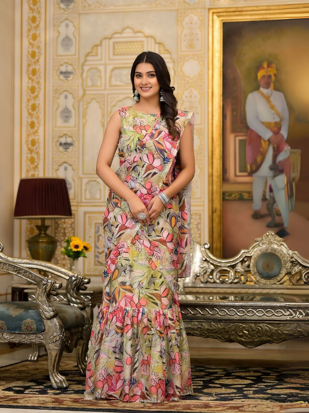 Odette Multicolor Printed Georgette Ready To Wear Saree For Women
