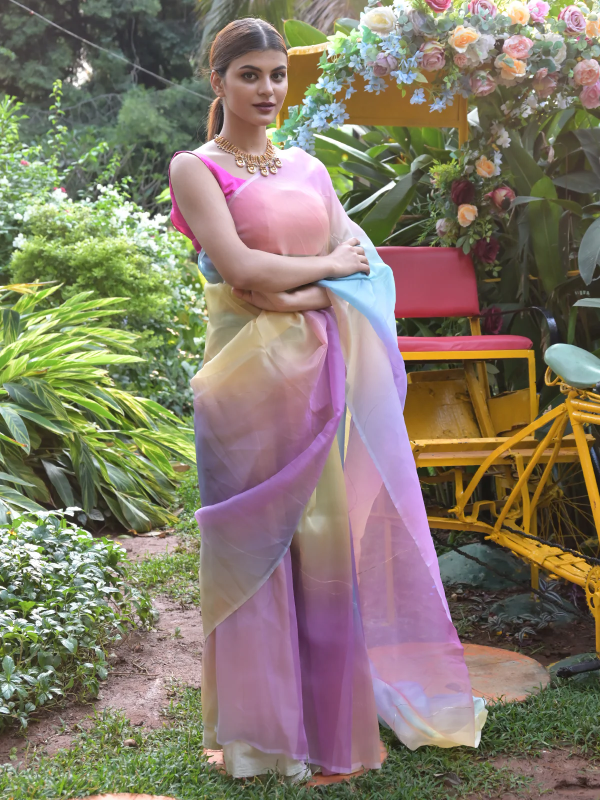 Odette Multicolor Printed Organza Saree with Unstitched Blouse for Women - Image 2