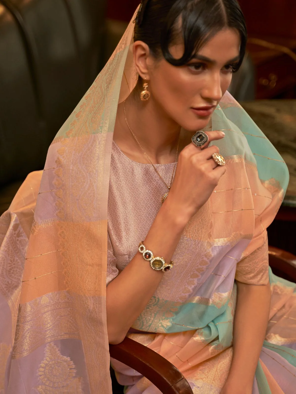 Odette Multicolor Woven Organza Saree With Unstitched Blouse For Women - Image 2