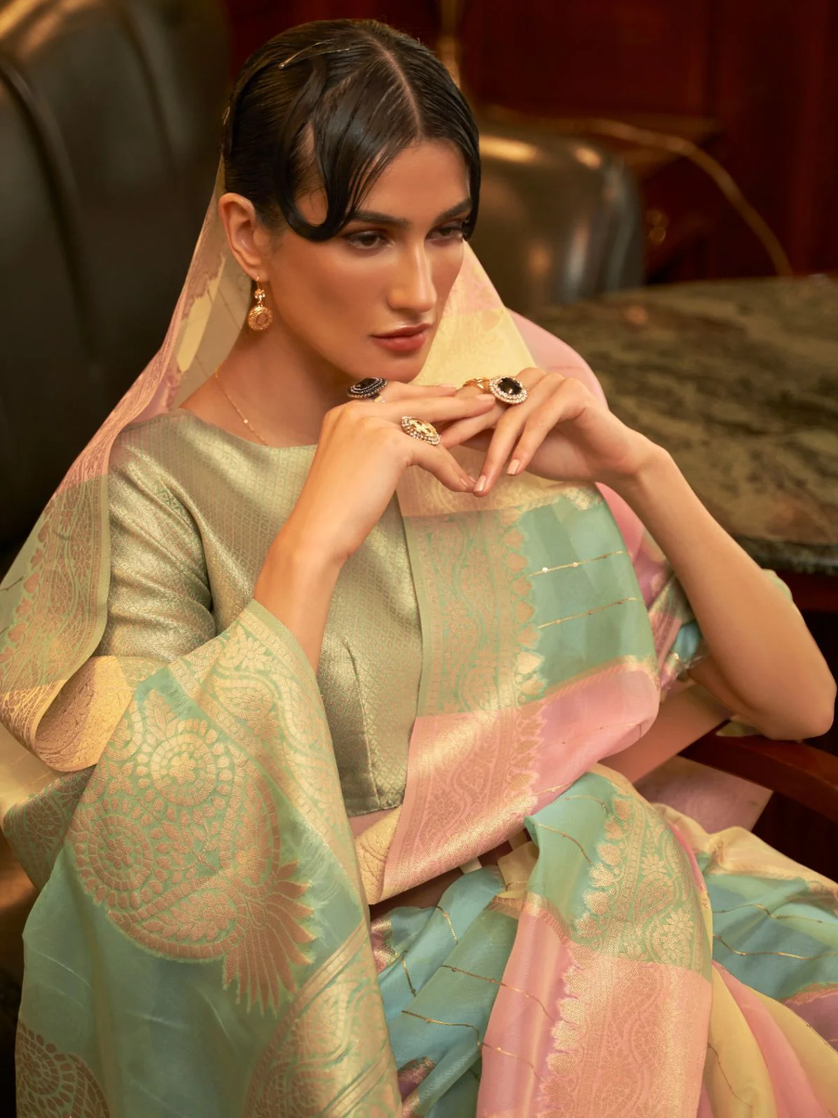 Odette Multicolor Woven Organza Saree With Unstitched Blouse For Women - Image 3