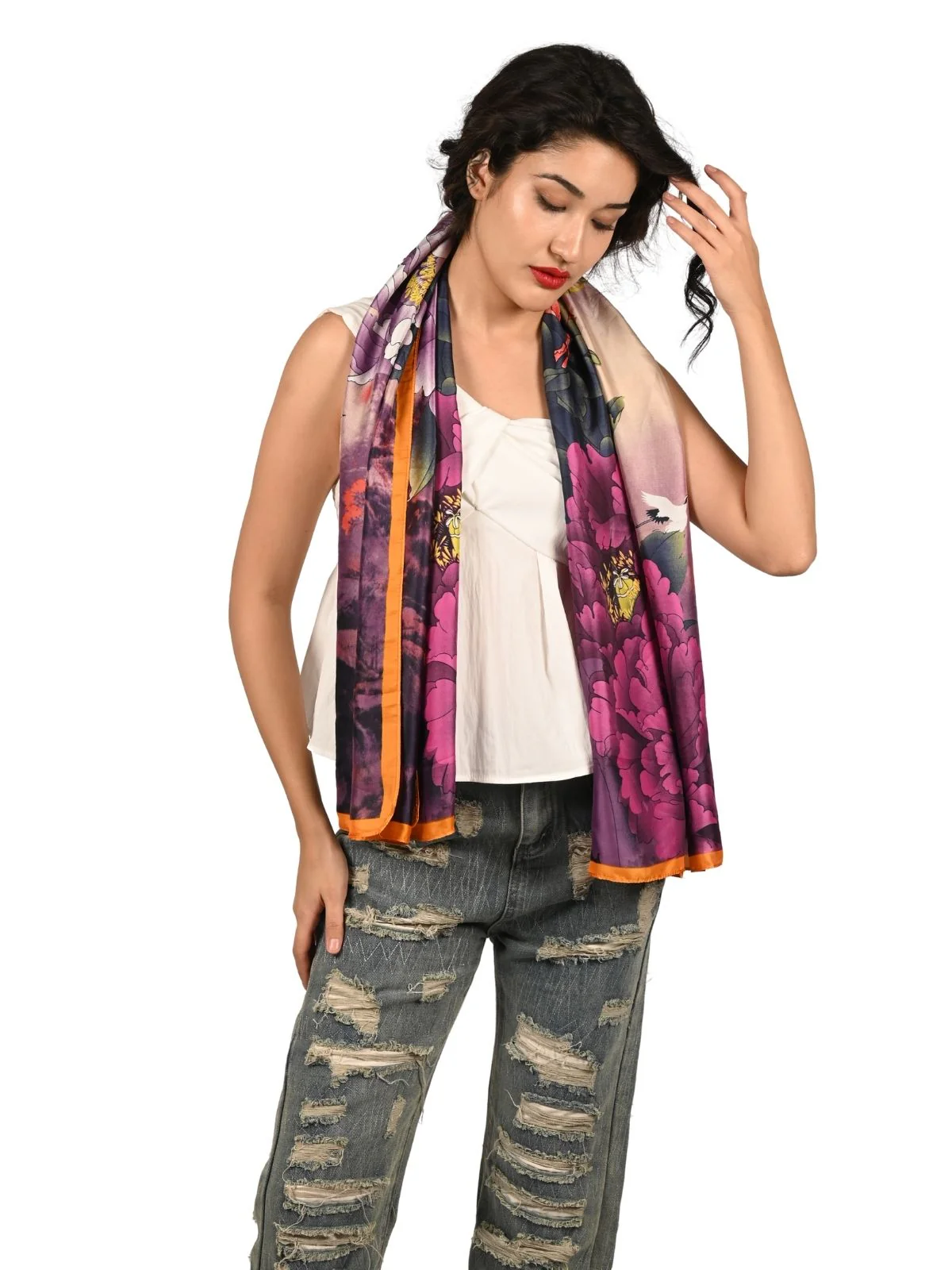 Odette Multicolor Printed Satin Scarf For Women