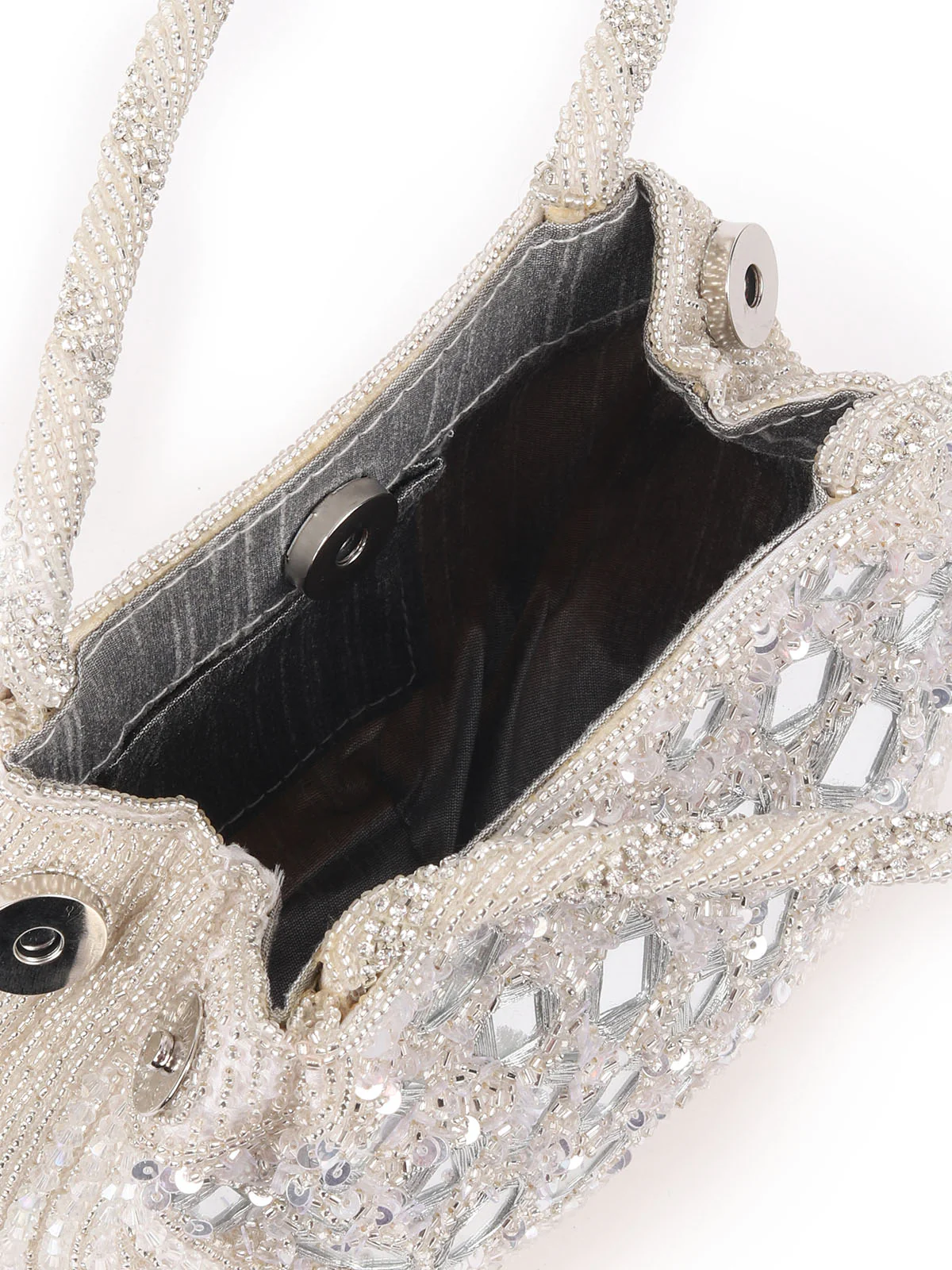 Odette Silver Raw Silk Beads Embellished  Clutch With Sequin Work For Women - Image 6