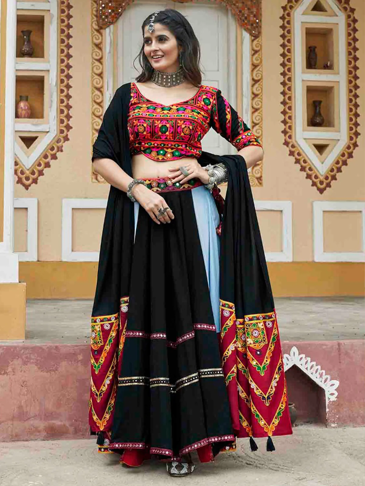 Odette Multicolor Rayon Embroidered Stitched Lehenga With Blouse For Women - Image 2