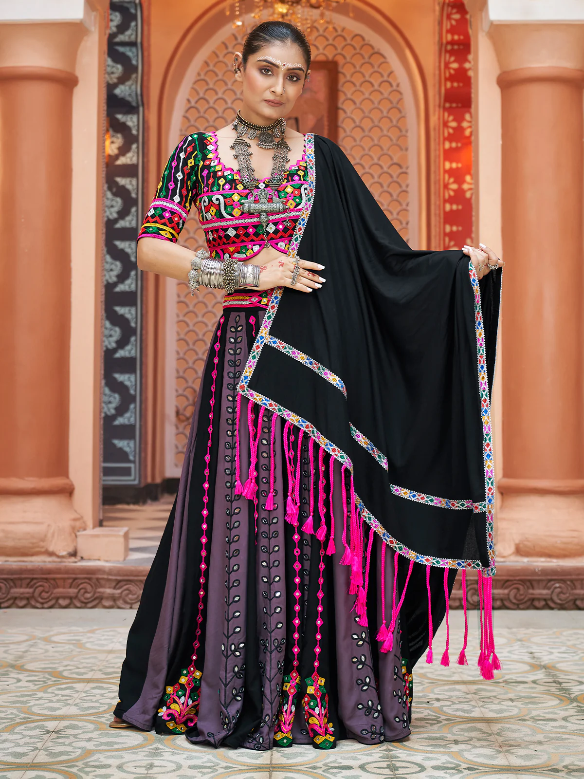 Odette Multicolor Rayon Embroidered Stitched Lehenga With Blouse For Women - Image 2