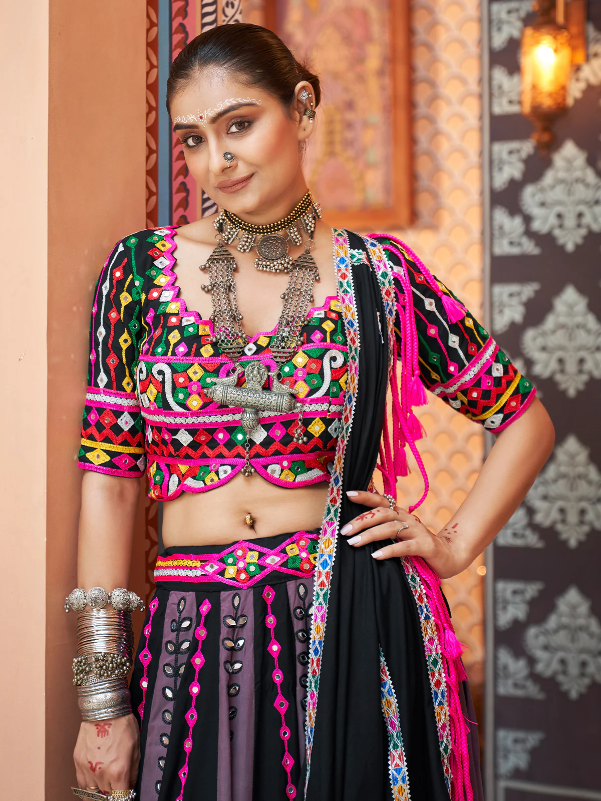 Odette Multicolor Rayon Embroidered Stitched Lehenga With Blouse For Women - Image 4
