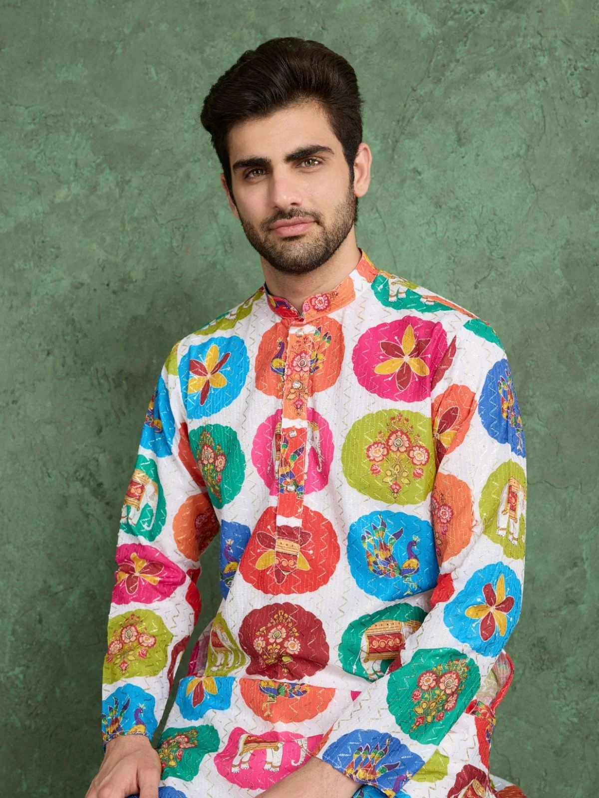 Odette Multicolor Rayon Printed and Embroidered Stitched Kurta For Men - Image 5