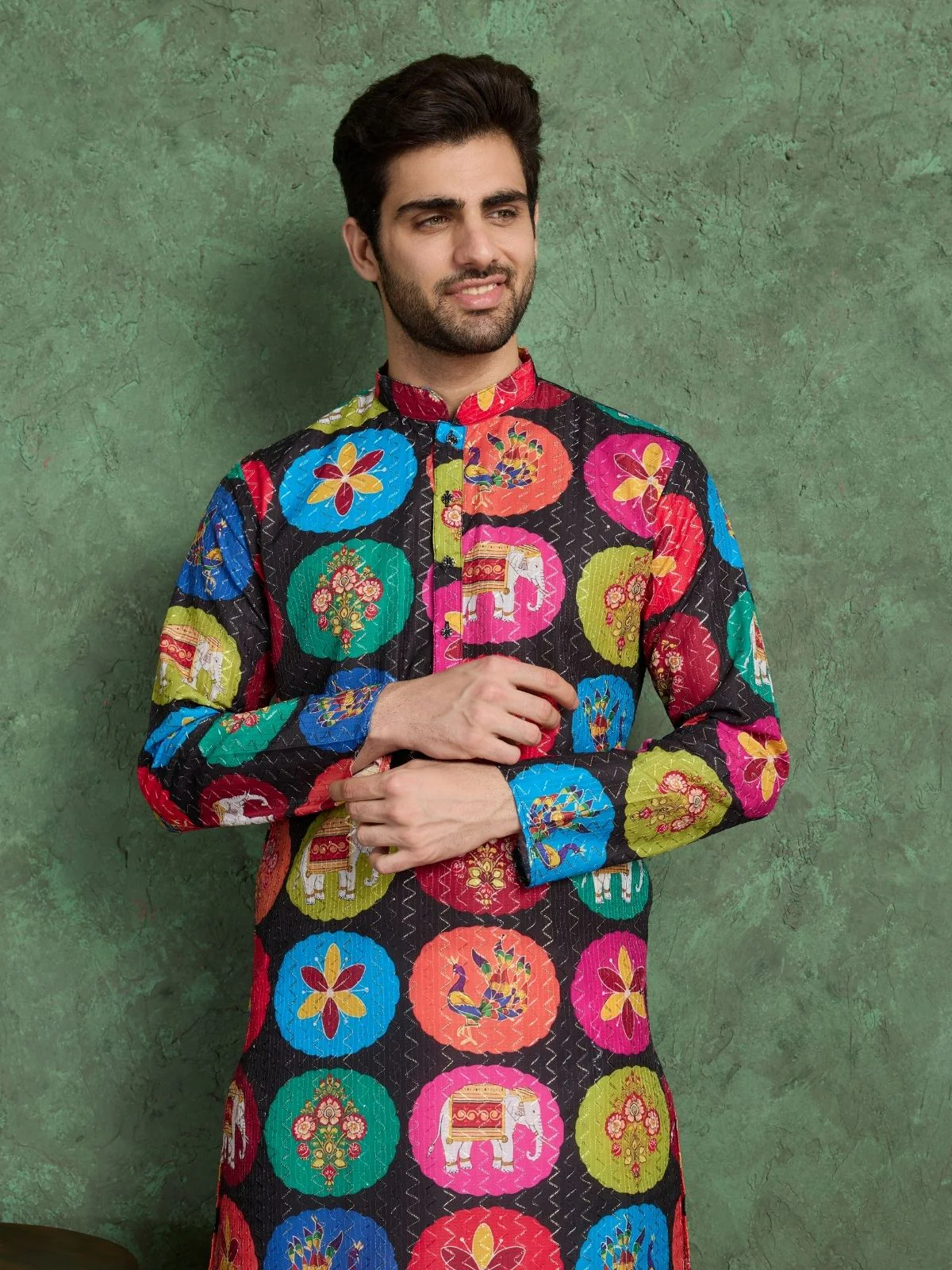 Odette Multicolor Rayon Printed and Embroidered Stitched Kurta For Men - Image 5