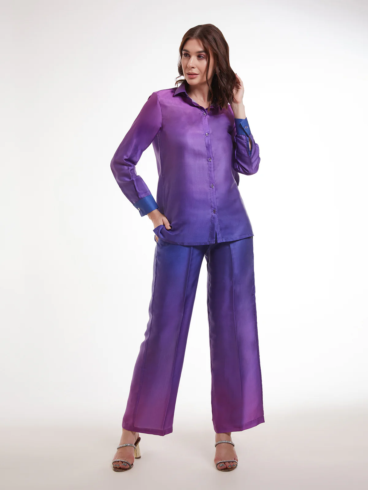 Odette Blue And Purple Satin Printed Co Ord Set For Women - Image 2