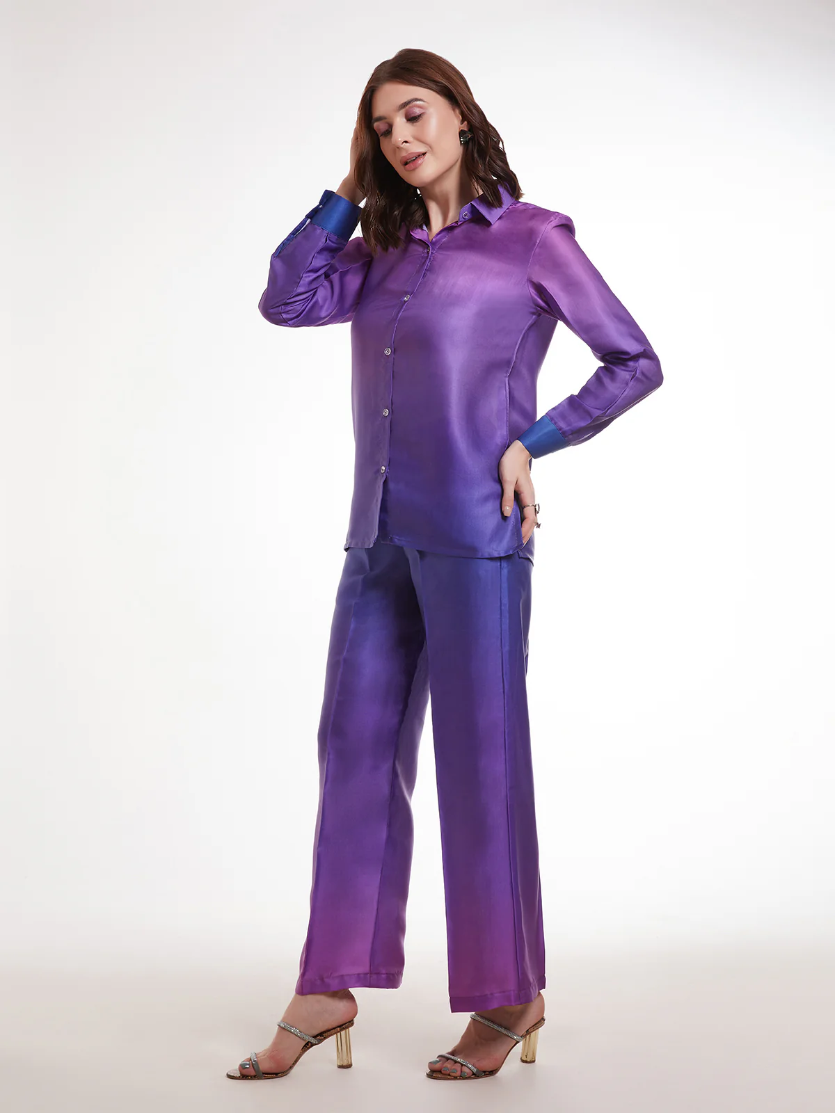 Odette Blue And Purple Satin Printed Co Ord Set For Women - Image 3