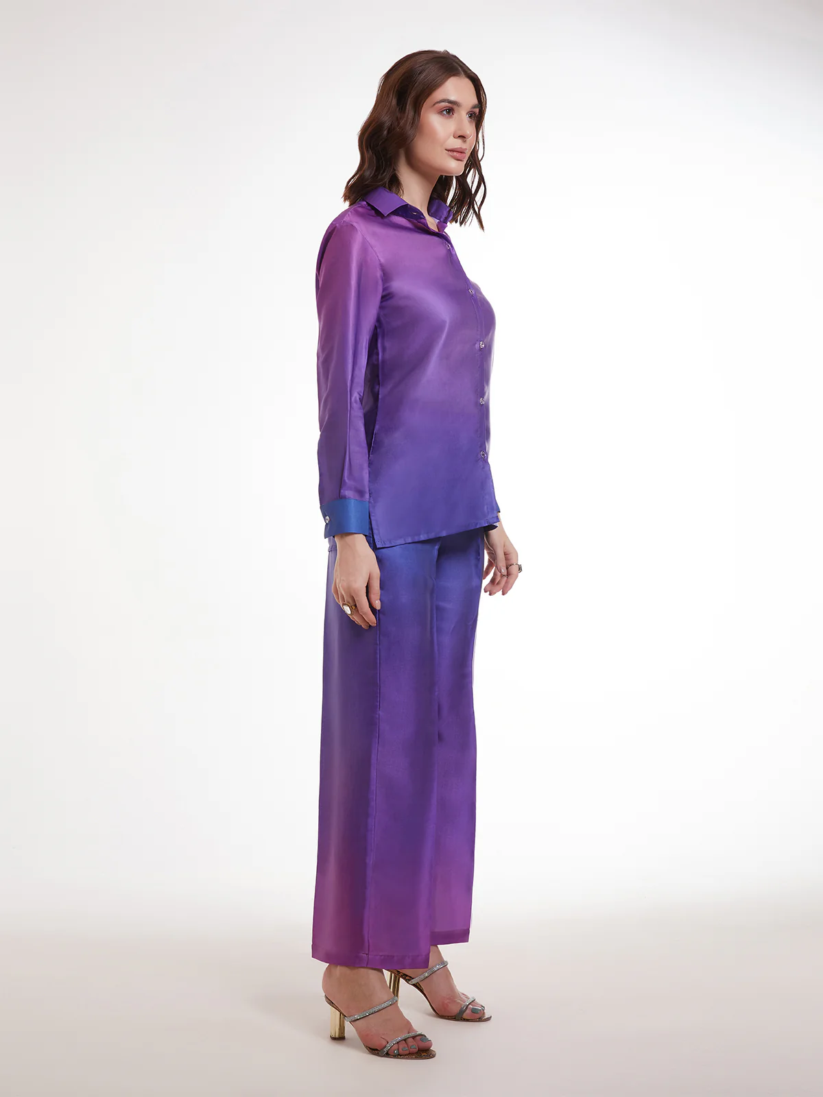 Odette Blue And Purple Satin Printed Co Ord Set For Women - Image 4